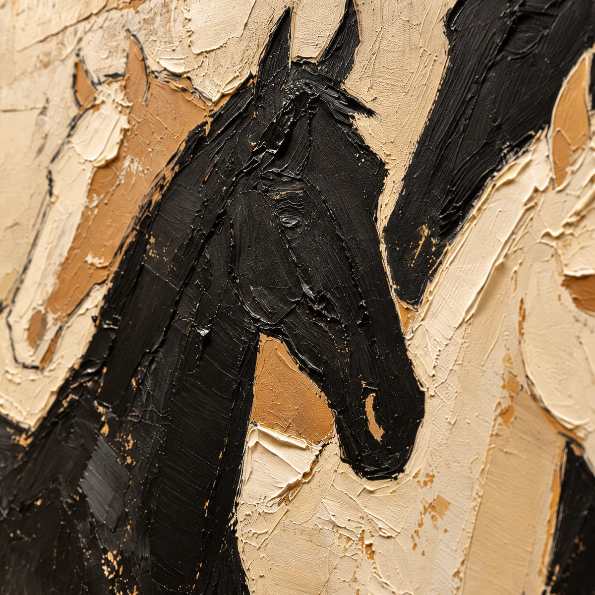 Quiet-Canter oil painting brushwork and impasto detail photographed from an oblique side angle