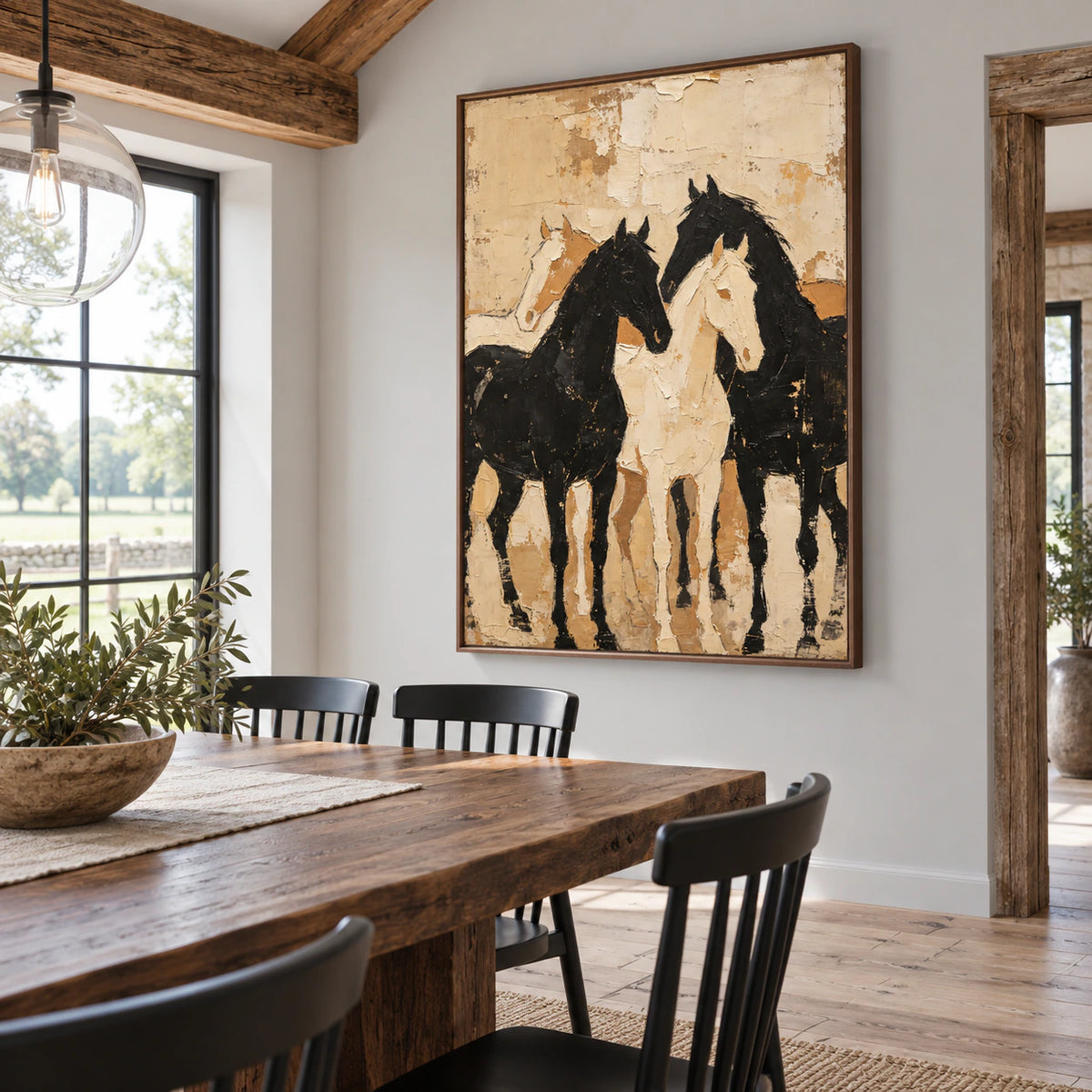 Quiet-Canter above a refined dining setting with daylight across the wall.