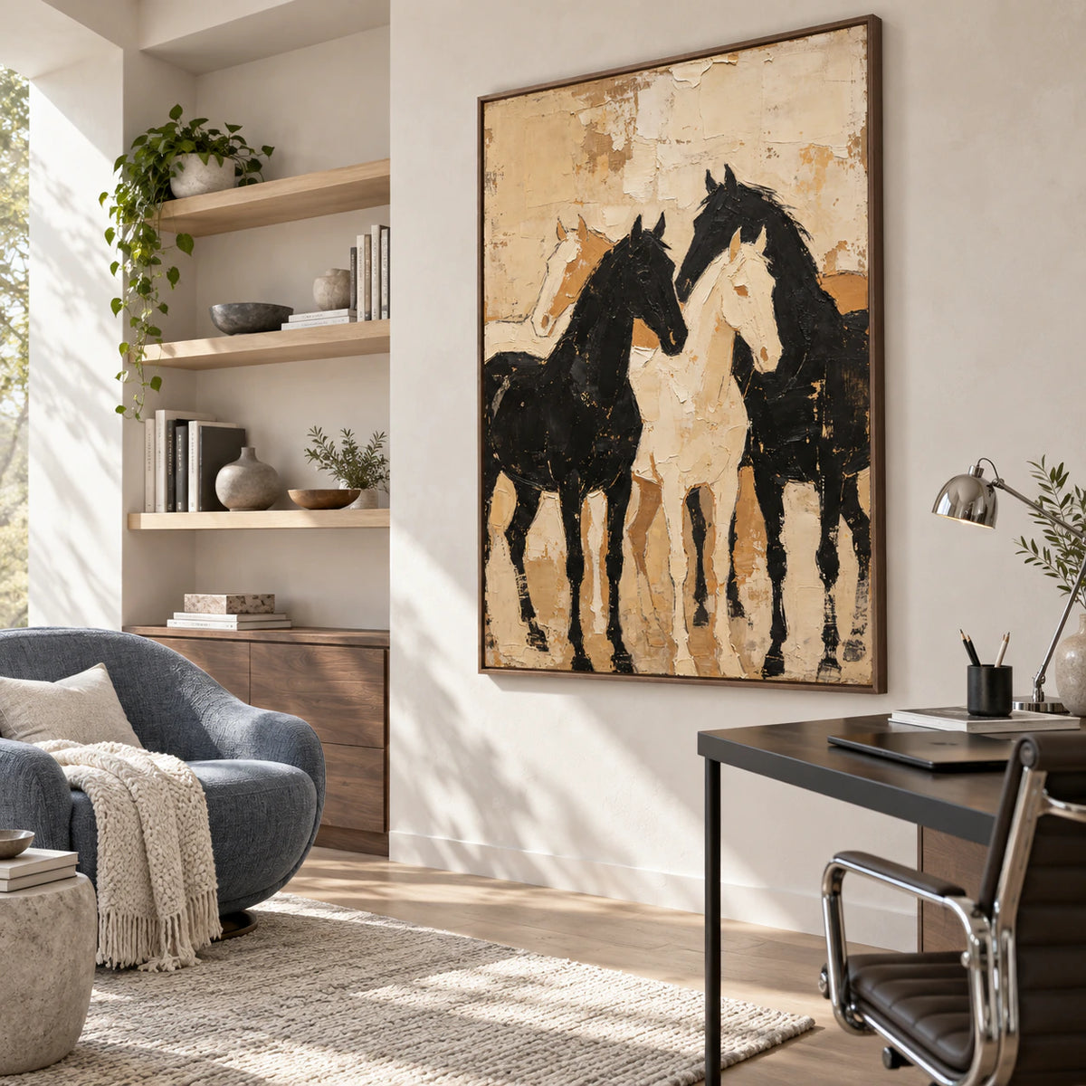 Quiet-Canter as a large focal point in an airy home office reading space.