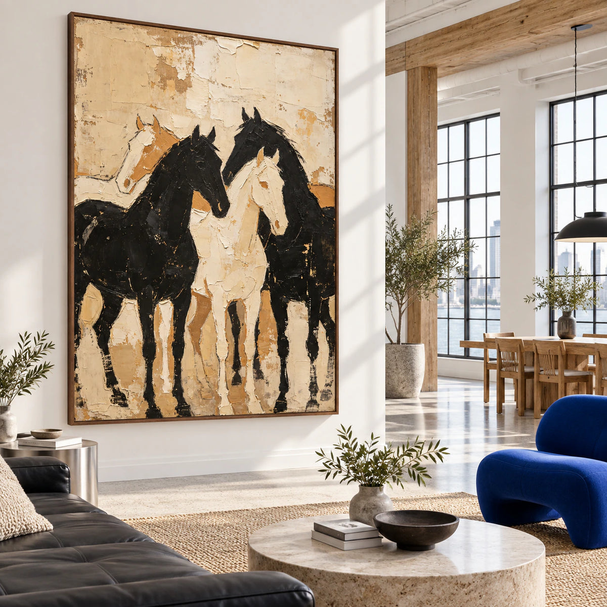 Quiet-Canter anchoring an expansive daylight-filled hospitality loft interior.