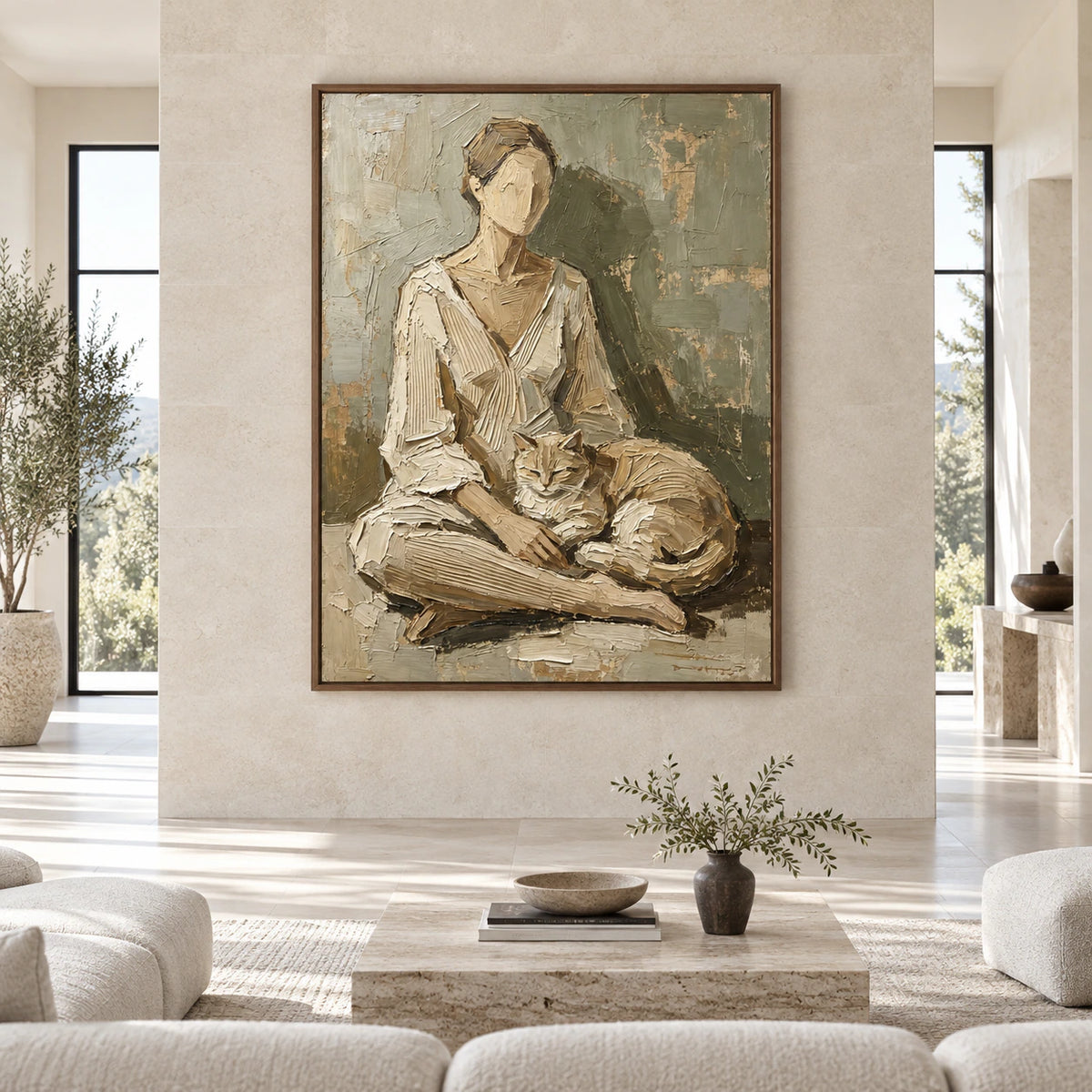 Large straight-on gallery interior featuring the vertical textured figure-and-cat painting at commanding scale.