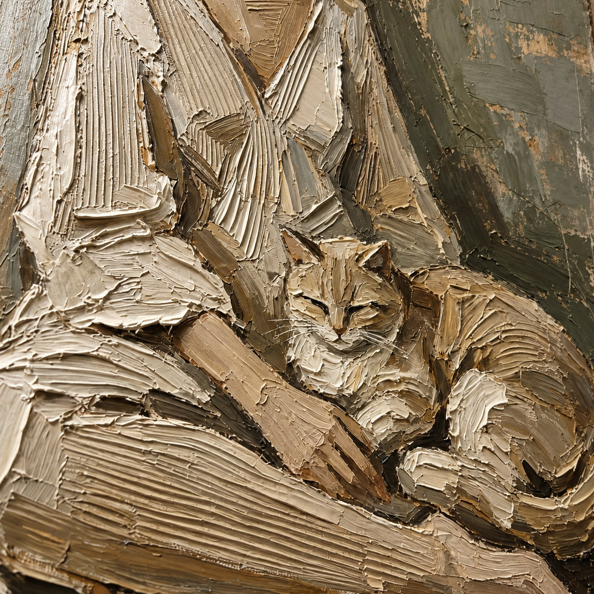 Quiet-Companion oil painting brushwork and impasto detail photographed from an oblique side angle