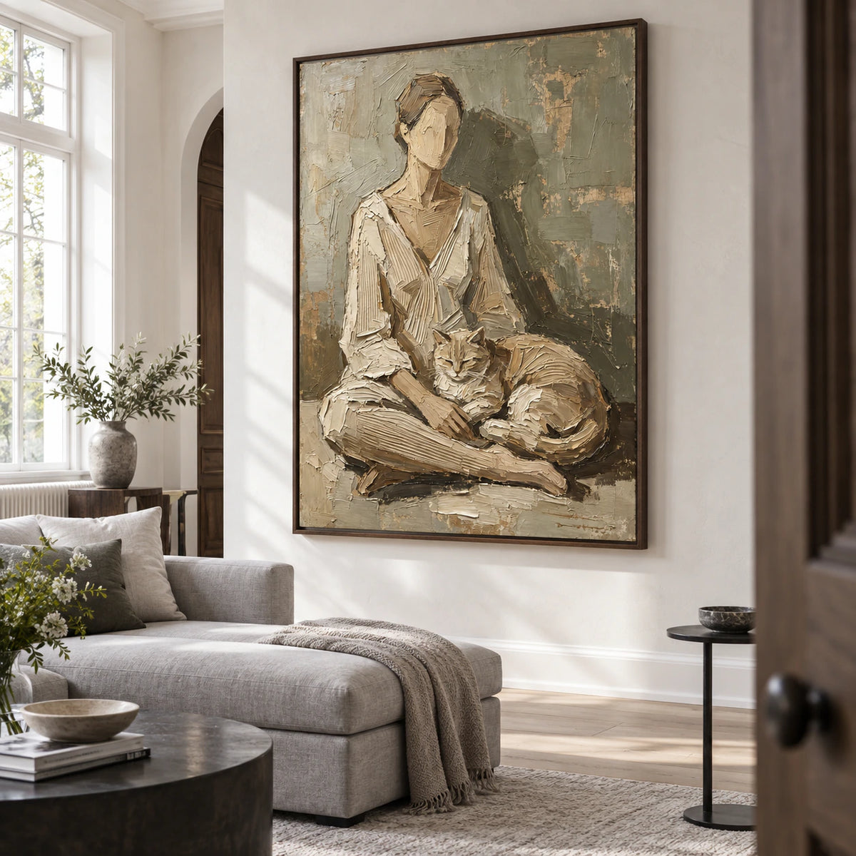 Bright living room with the vertical textured figure-and-cat painting as the central wall artwork.