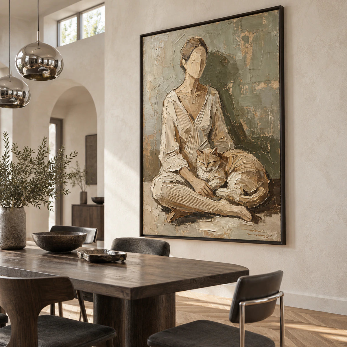 Refined dining room with the textured vertical figure-and-cat painting displayed prominently.