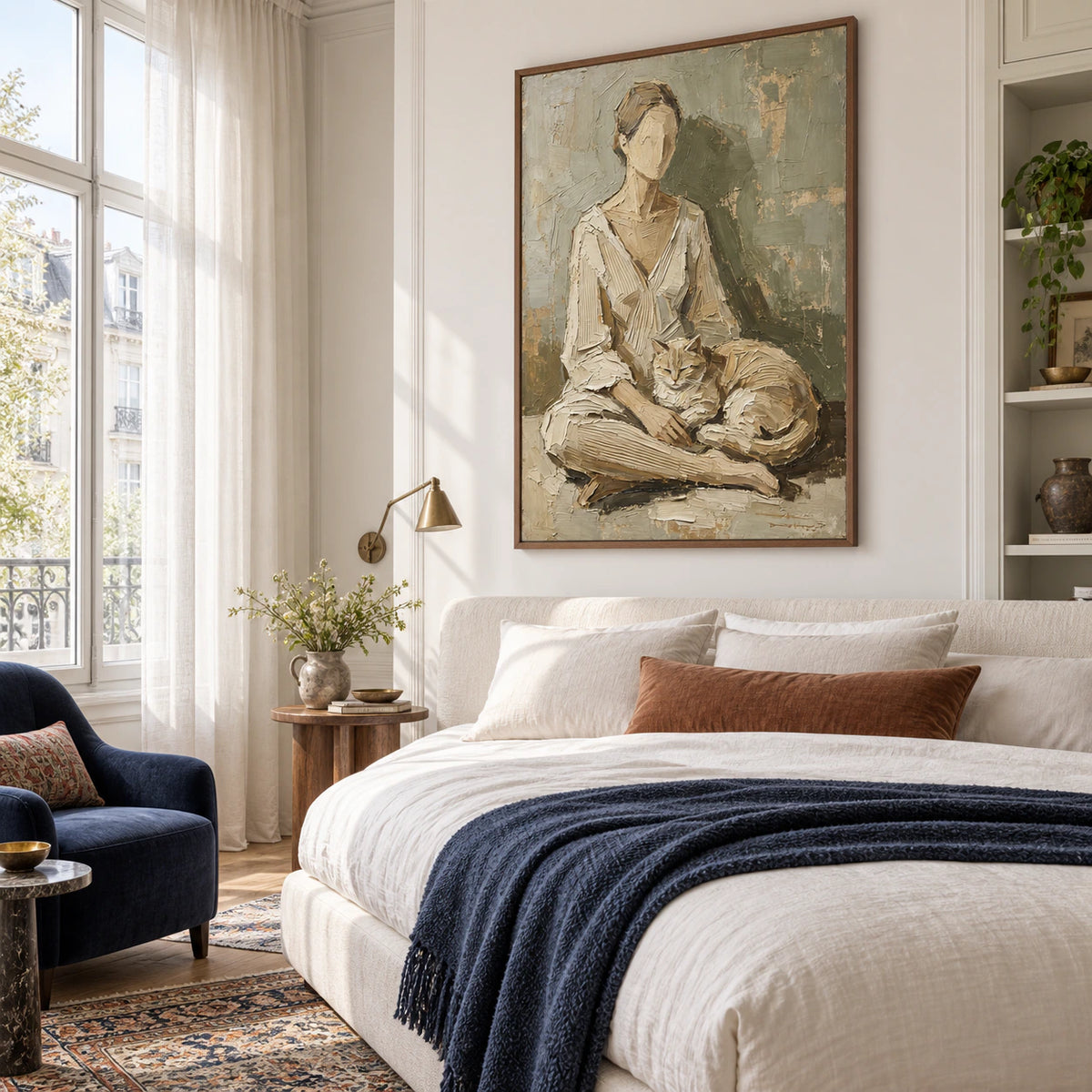 Quiet bedroom with the large vertical figure-and-cat painting above a low upholstered bed.