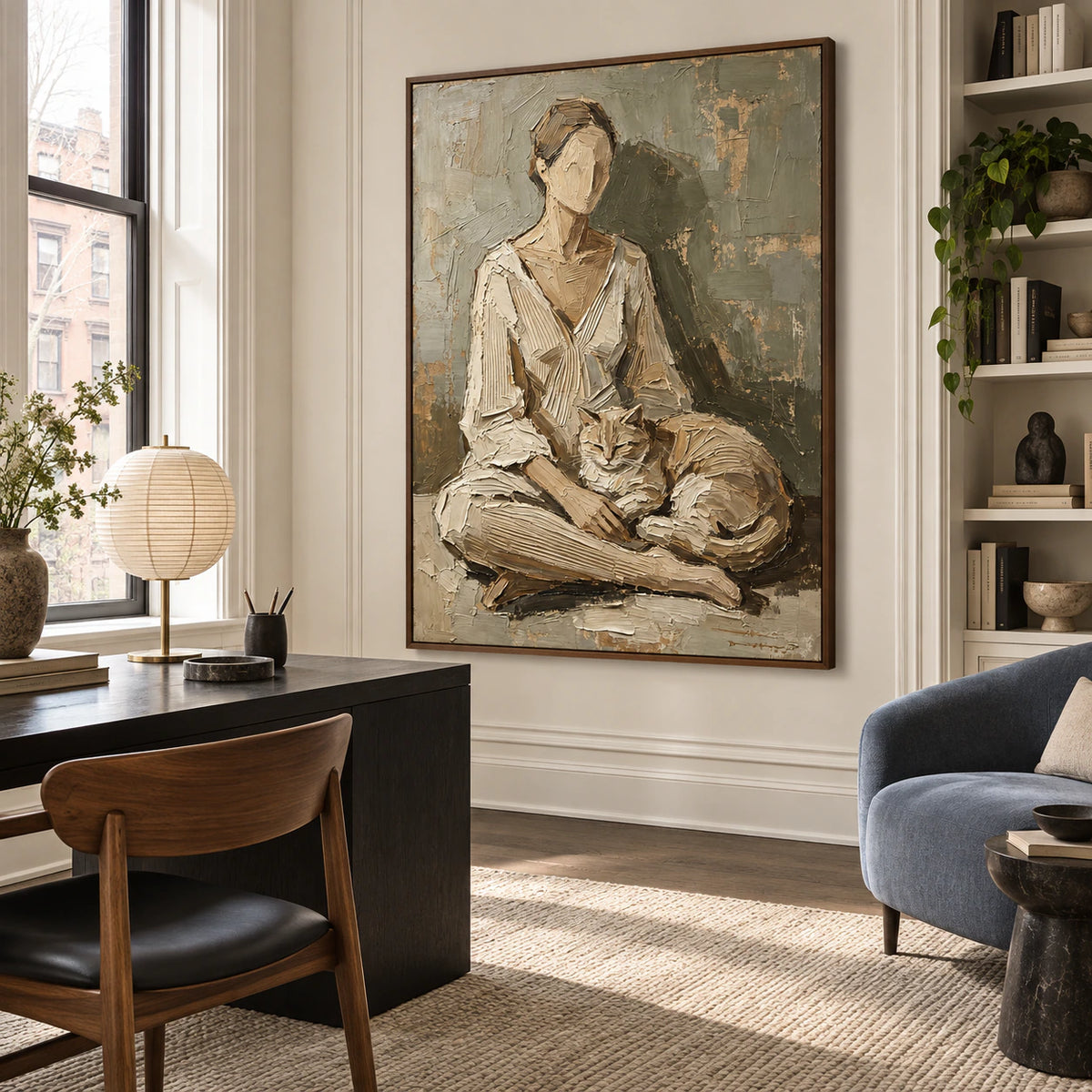 Airy reading office with the textured figure-and-cat painting as the room's main visual focus.