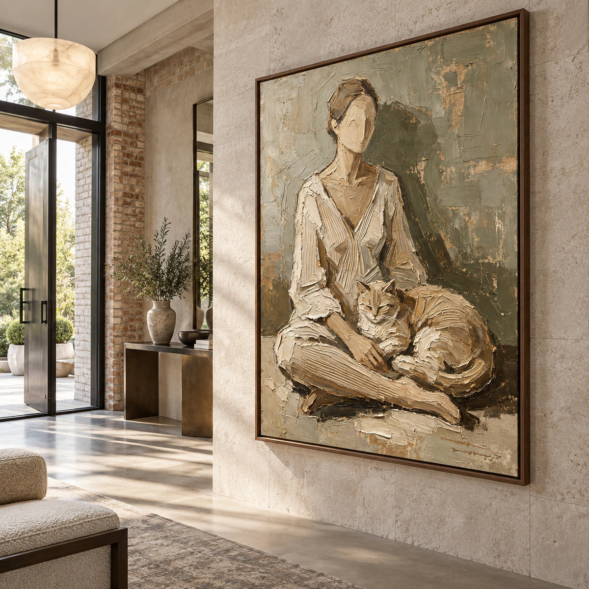 Gallery-scale foyer with the vertical textured figure-and-cat painting presented at an architectural scale.