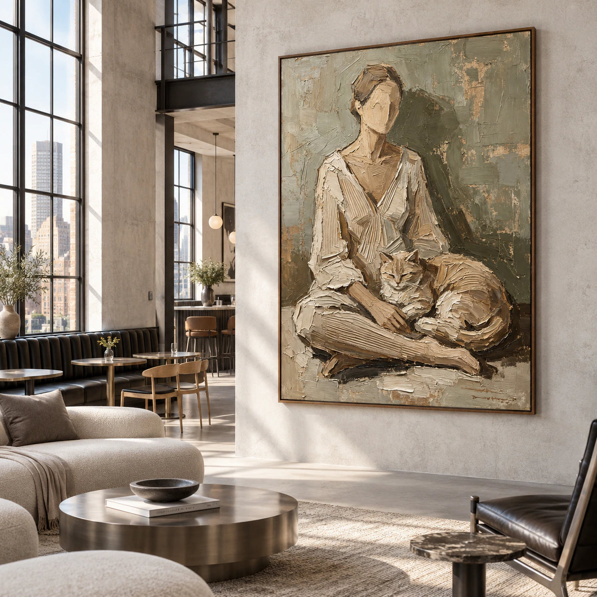 Expansive loft hospitality interior centered on the large vertical textured figure-and-cat painting.