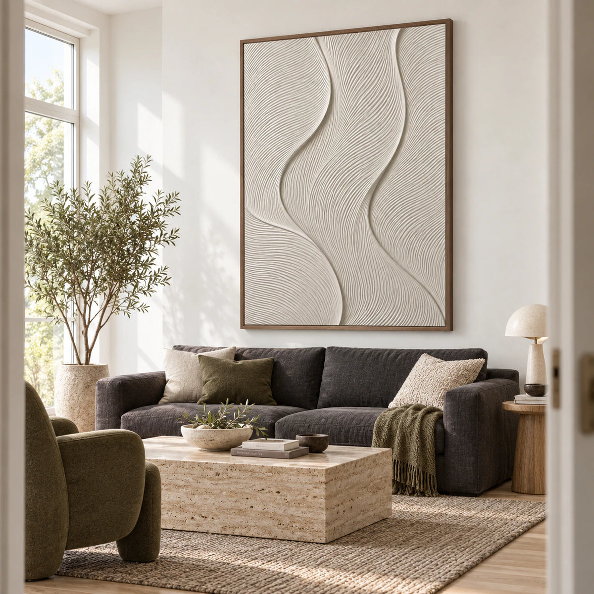 Quiet-Contour as the focal artwork in a bright, softly furnished living room.