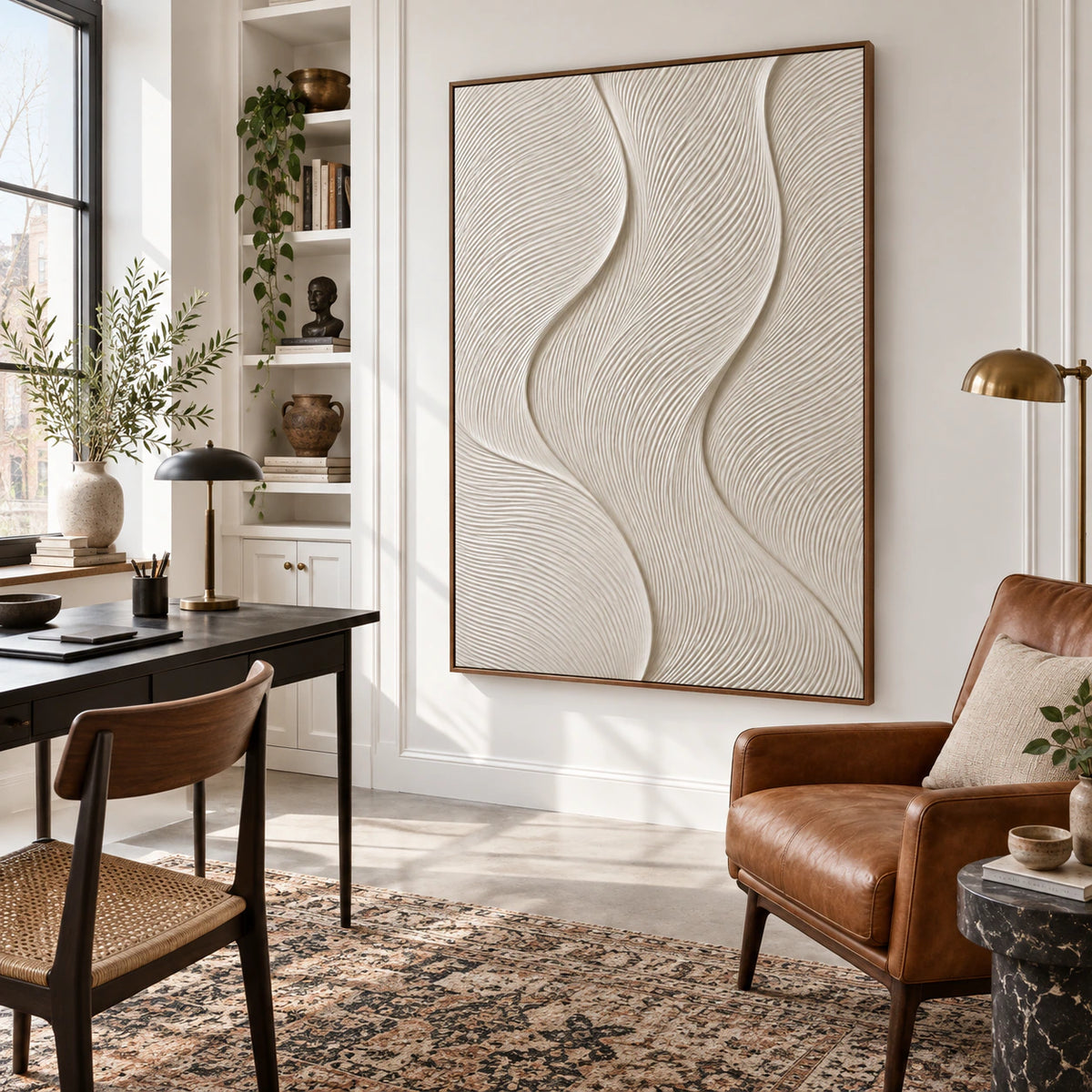 Quiet-Contour anchoring an airy home office reading space.