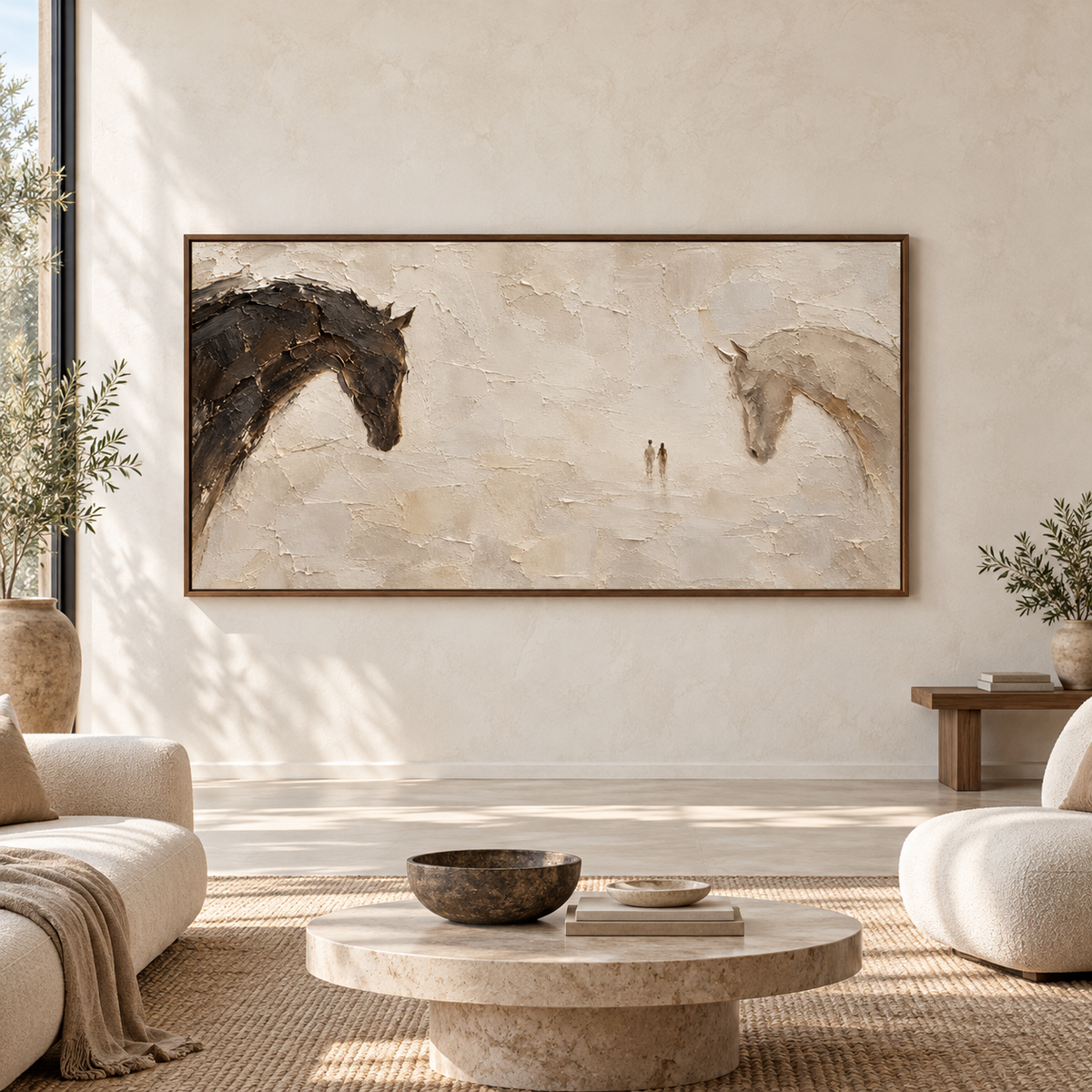 Wide horse painting above a sofa in a spacious, bright room, viewed straight on in natural daylight.