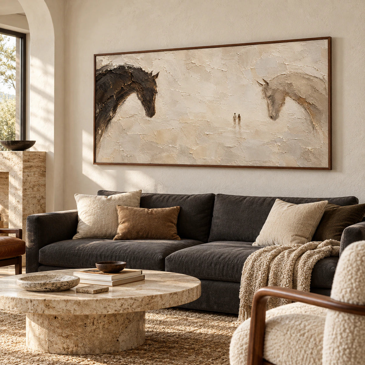Wide horse painting above a charcoal sofa against a pale plaster wall in a bright living room, viewed from the left.
