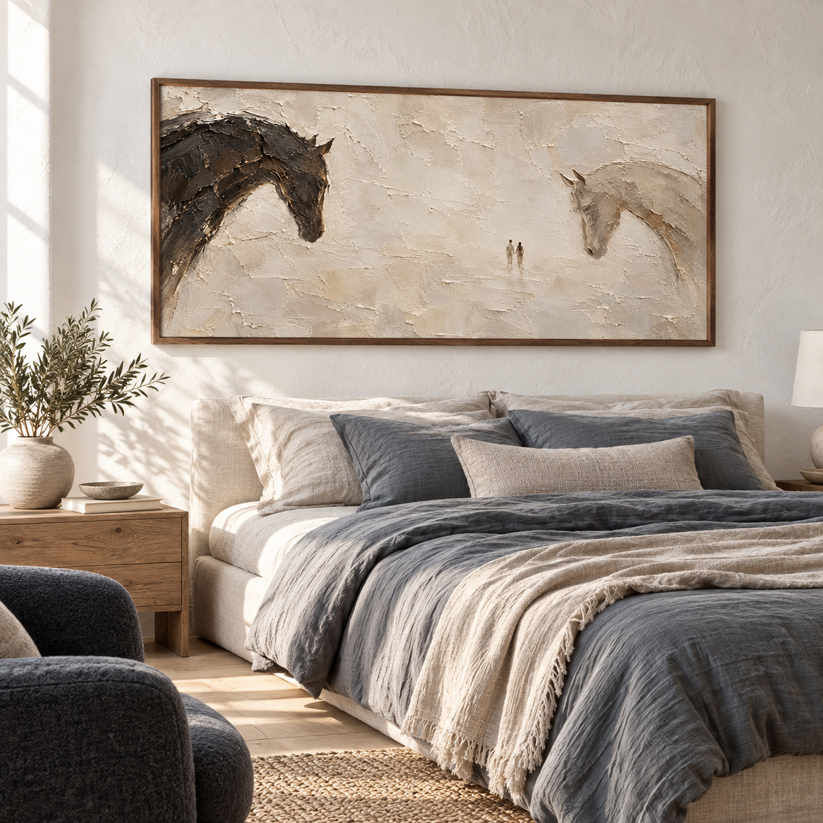 Wide horse painting above a low bed with muted slate bedding against pale walls, viewed from the right in natural morning light.