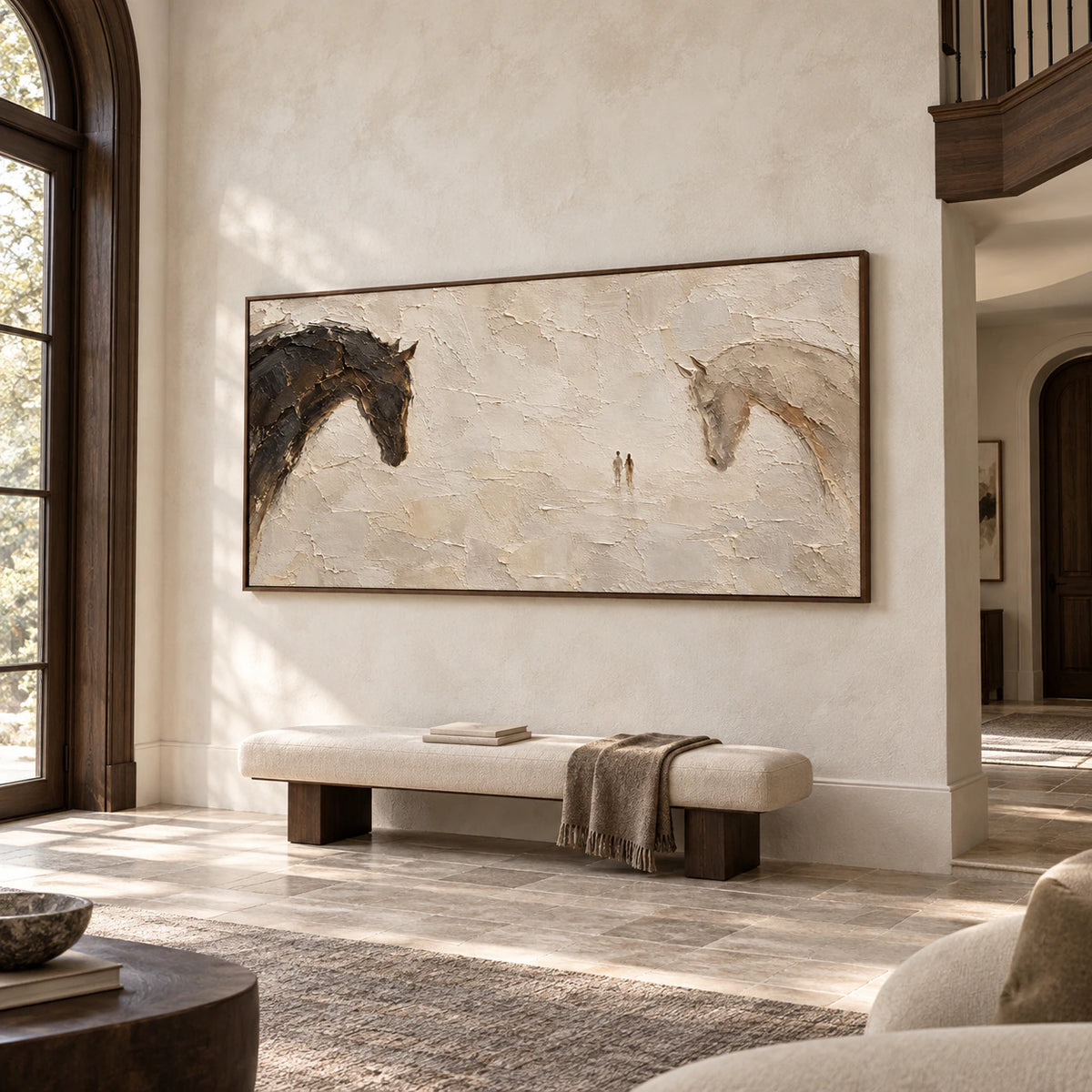Wide horse painting on a tall pale stone wall with a simple bench below, viewed from a slightly elevated right angle in a spacious, sunlit foyer.