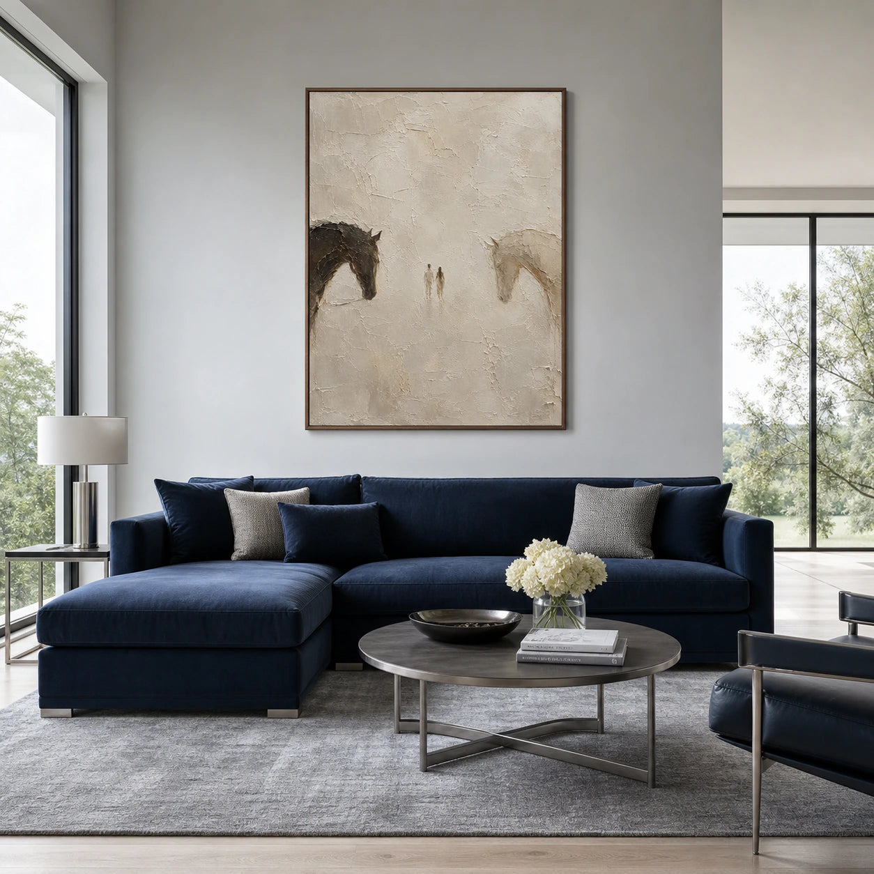 Quiet-Encounter as the focal point of a bright living room with contrasting navy seating.