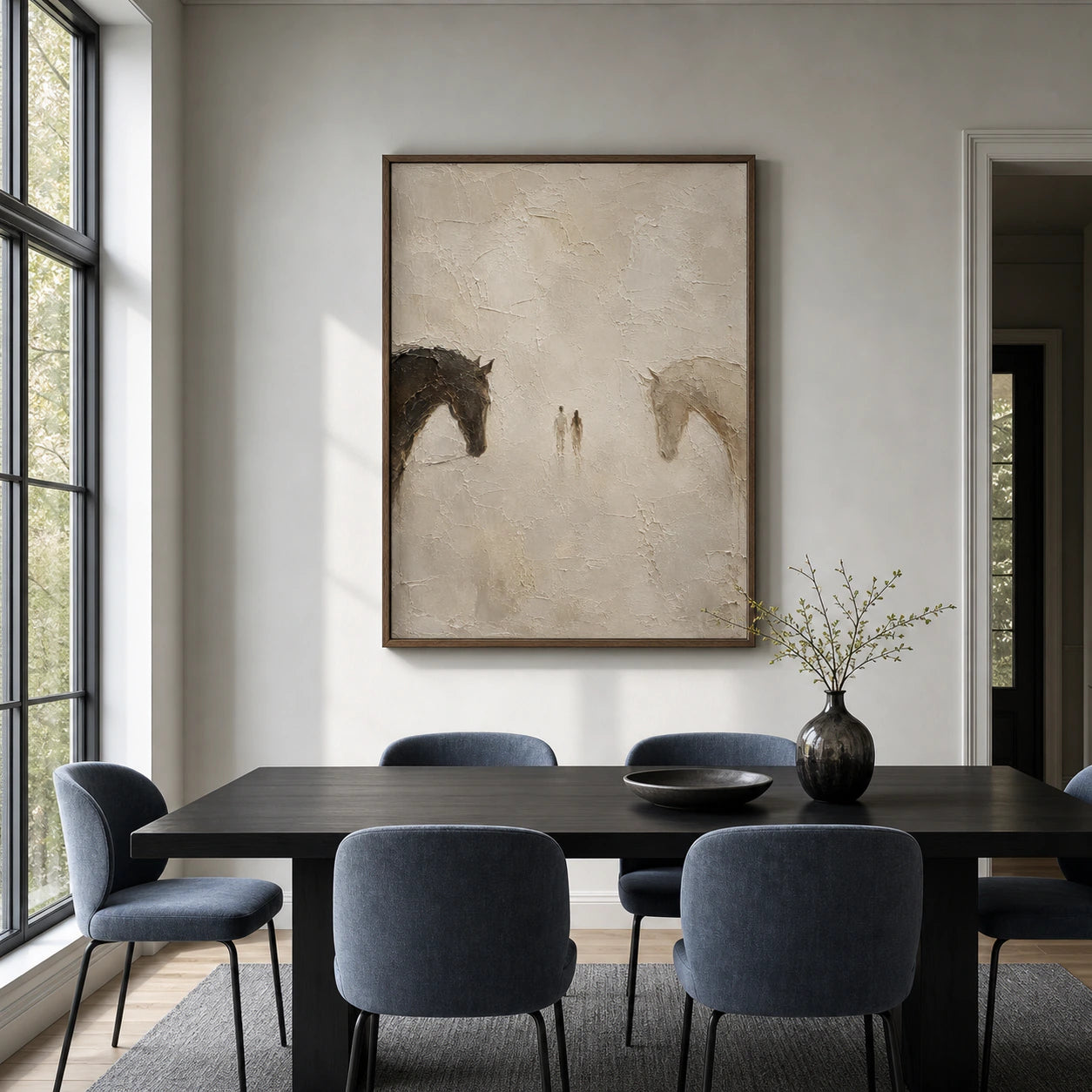 Quiet-Encounter displayed prominently above a dark dining table in a refined daylight-filled room.