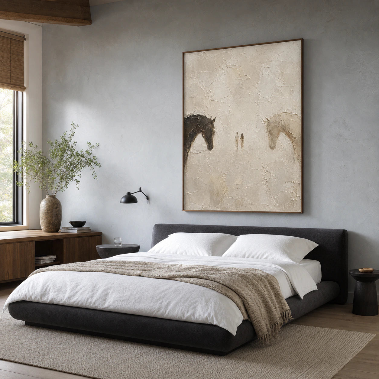 Quiet-Encounter centered above a charcoal bed in a calm, naturally lit bedroom.