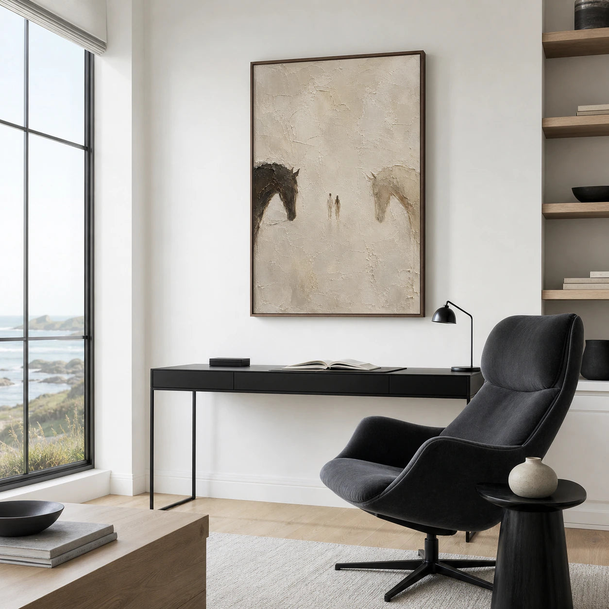 Quiet-Encounter commanding a bright home office with restrained slate and black furnishings.