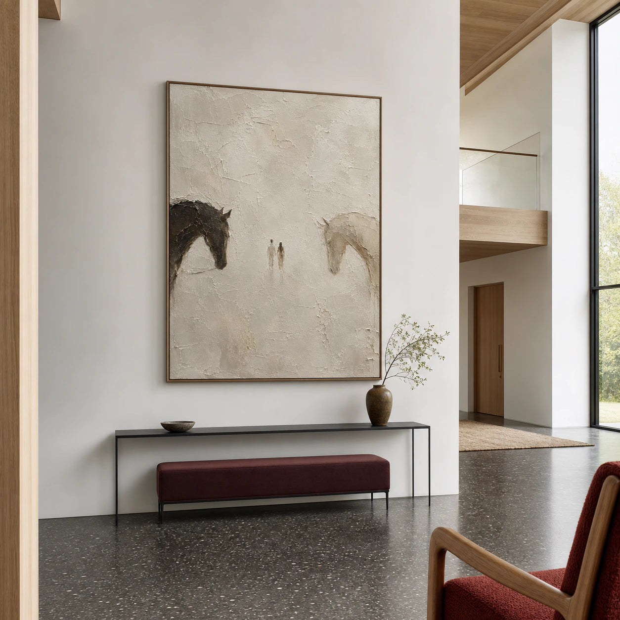 Quiet-Encounter presented at gallery scale in an open foyer with dark architectural accents.