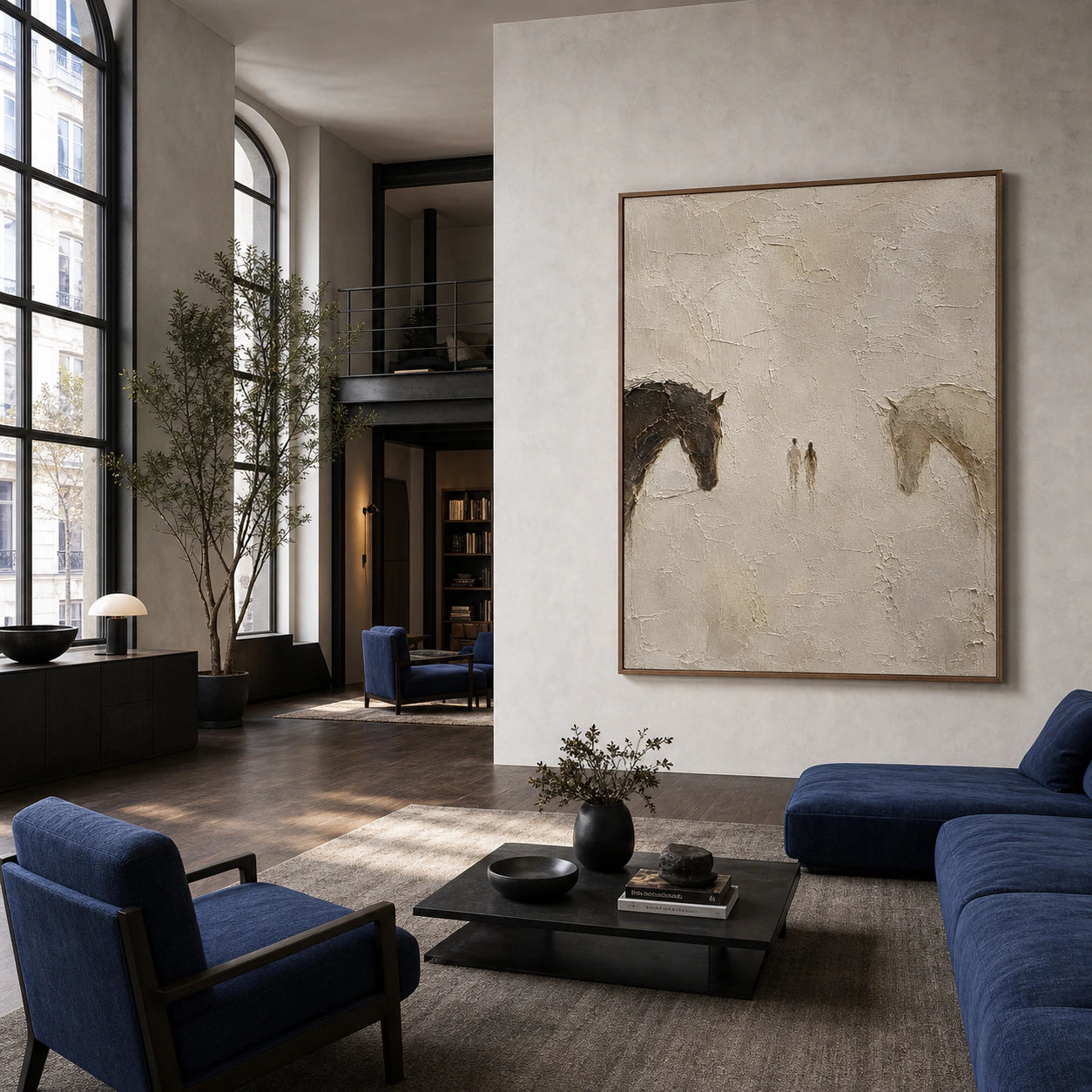 Quiet-Encounter anchoring an expansive loft lounge with muted cobalt seating and abundant daylight.