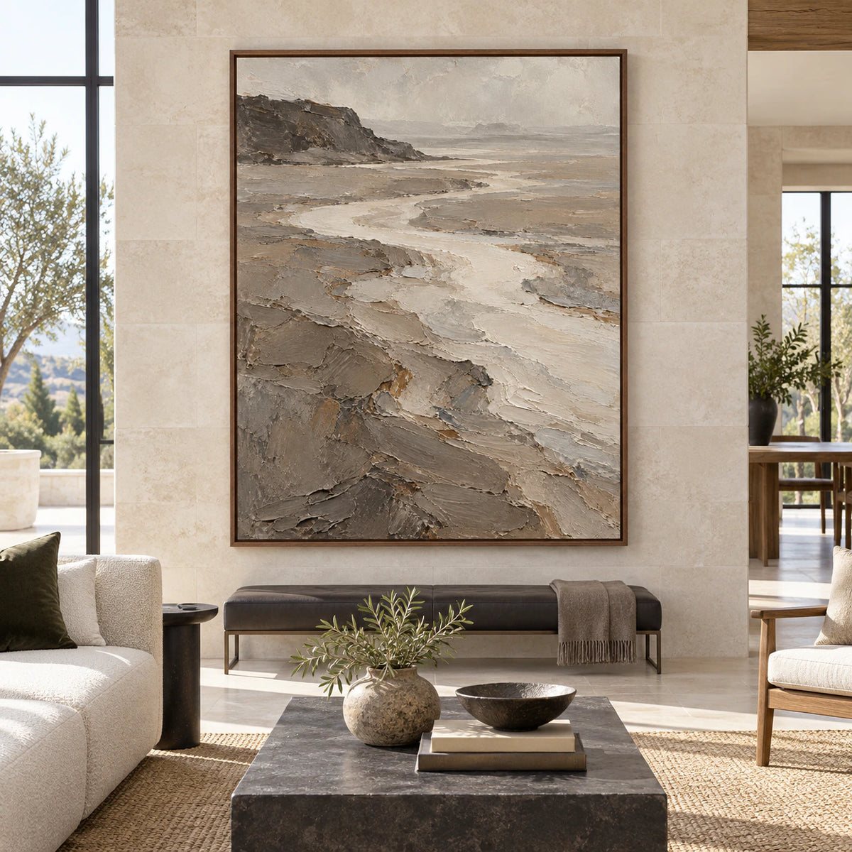 Large vertical textured estuary landscape artwork displayed straight-on in an expansive bright architectural interior.