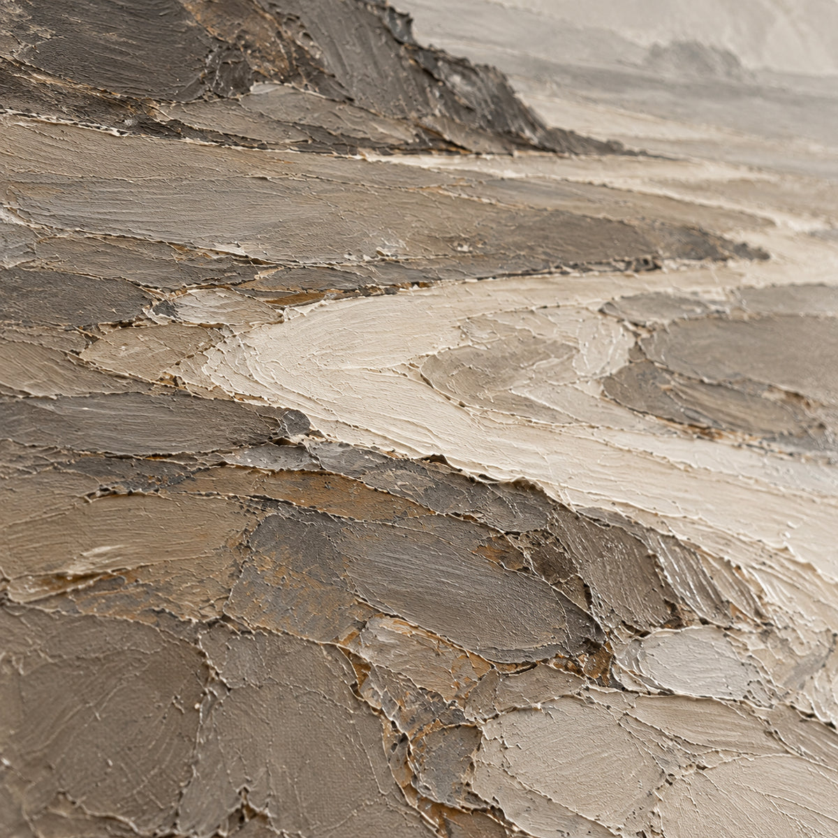 Quiet-Estuary oil painting brushwork and impasto detail photographed from an oblique side angle
