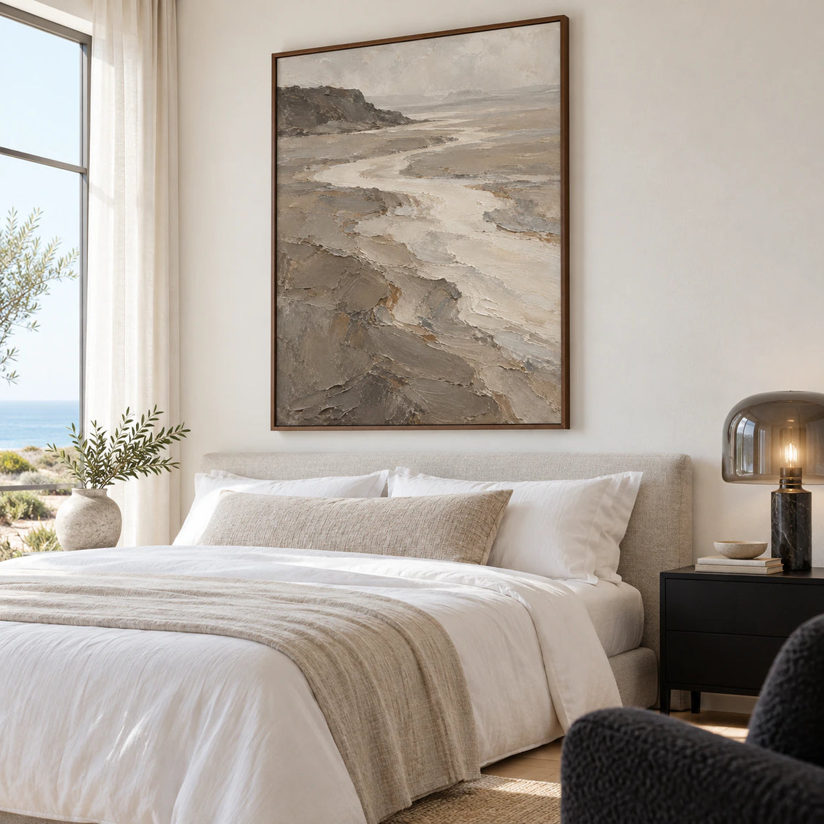 Vertical textured estuary landscape artwork as the focal point of a quiet neutral bedroom.