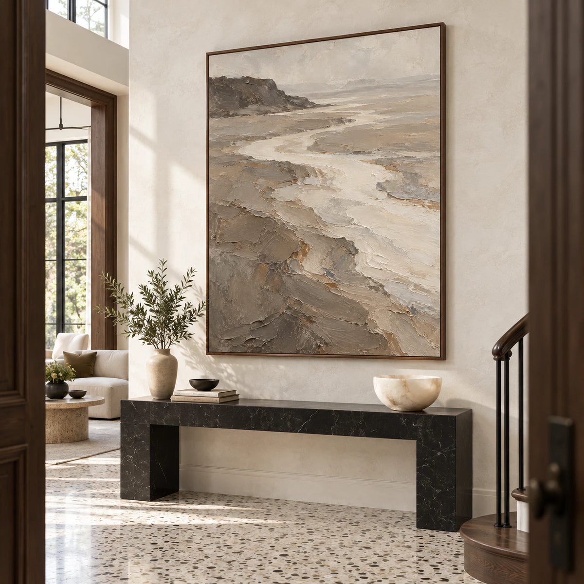 Large vertical textured estuary landscape artwork in a gallery-scale foyer.
