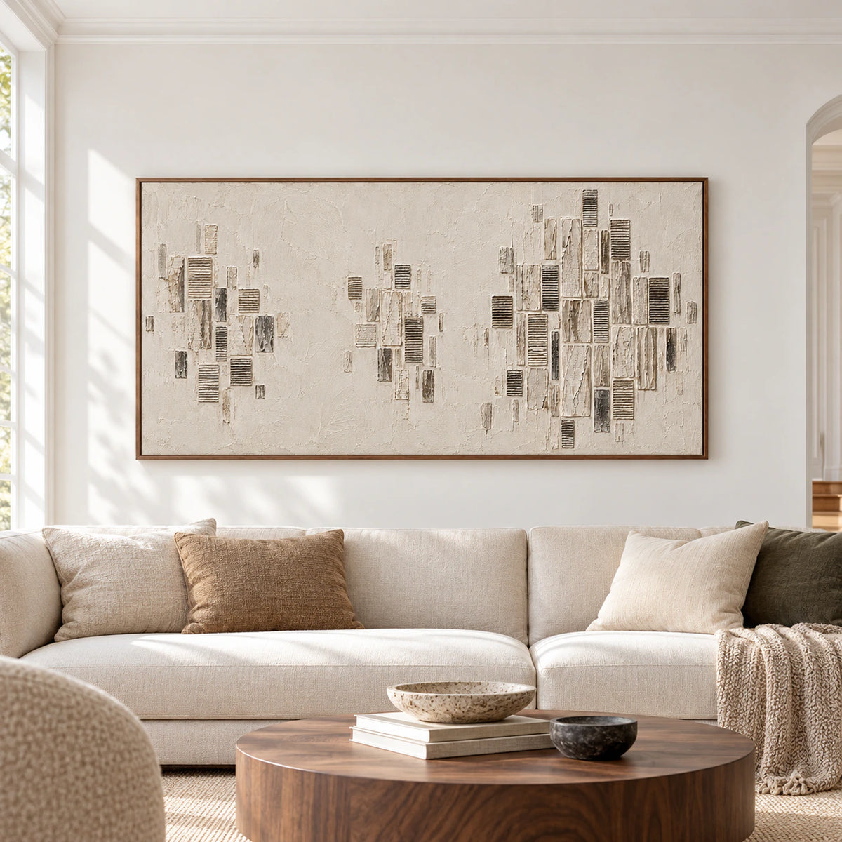 Quiet-Facades displayed large above a sofa in a bright, spacious architectural room, viewed straight-on in natural daylight.
