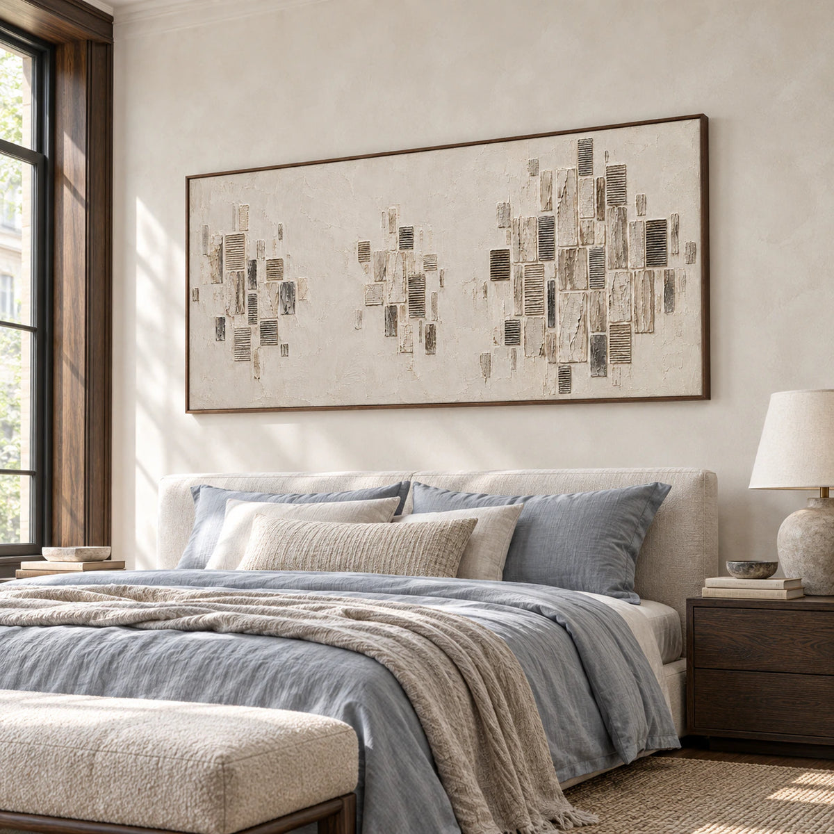 Quiet-Facades above a low bed with muted blue-gray linen in a softly daylit bedroom, viewed from a slightly elevated right oblique angle.