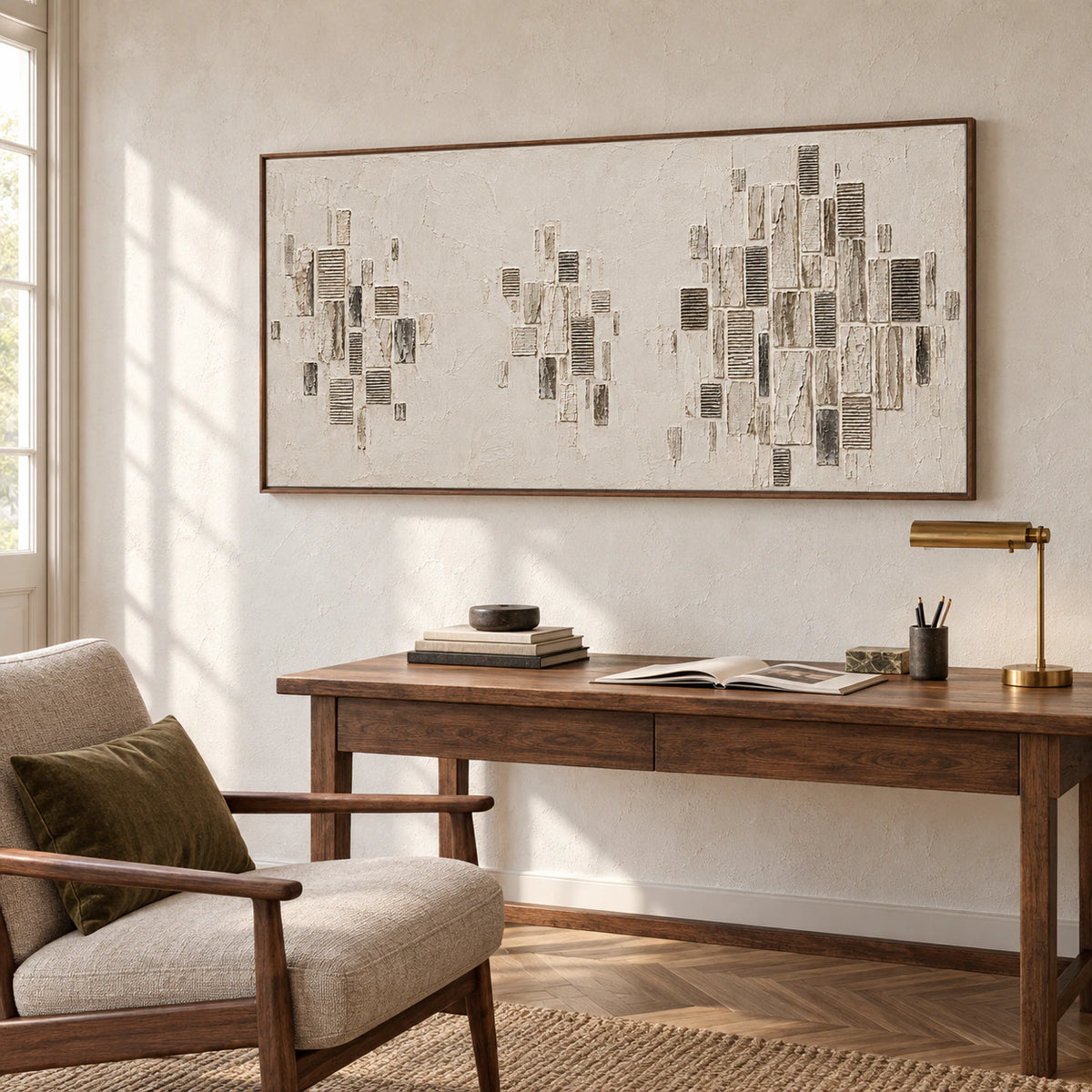 Quiet-Facades above a simple desk beside a single reading chair in an airy, daylit home office, viewed from a lower left oblique angle.