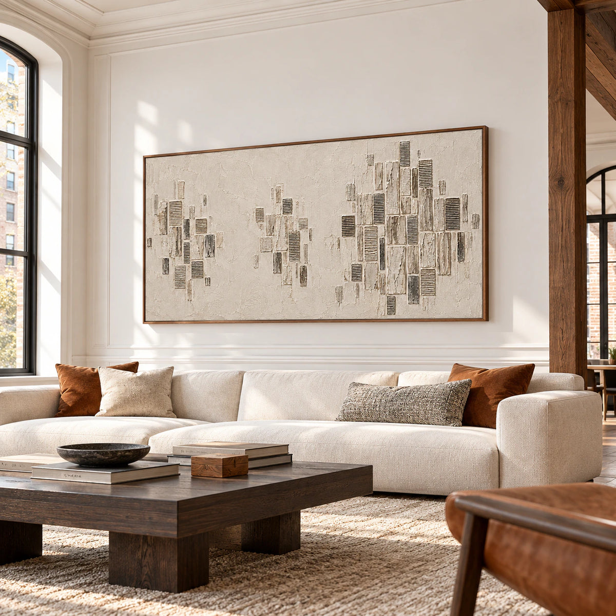 Quiet-Facades in an expansive, daylit loft interior with a high ceiling, warm timber structure and restrained furnishings, viewed from a centered, slightly low angle.