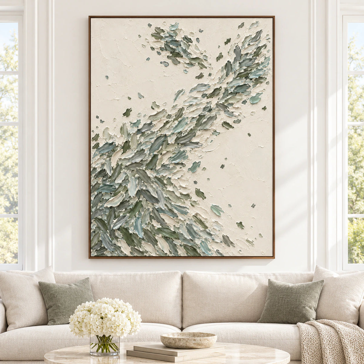 Large Quiet-Fronds painting displayed straight-on in a spacious modern room.