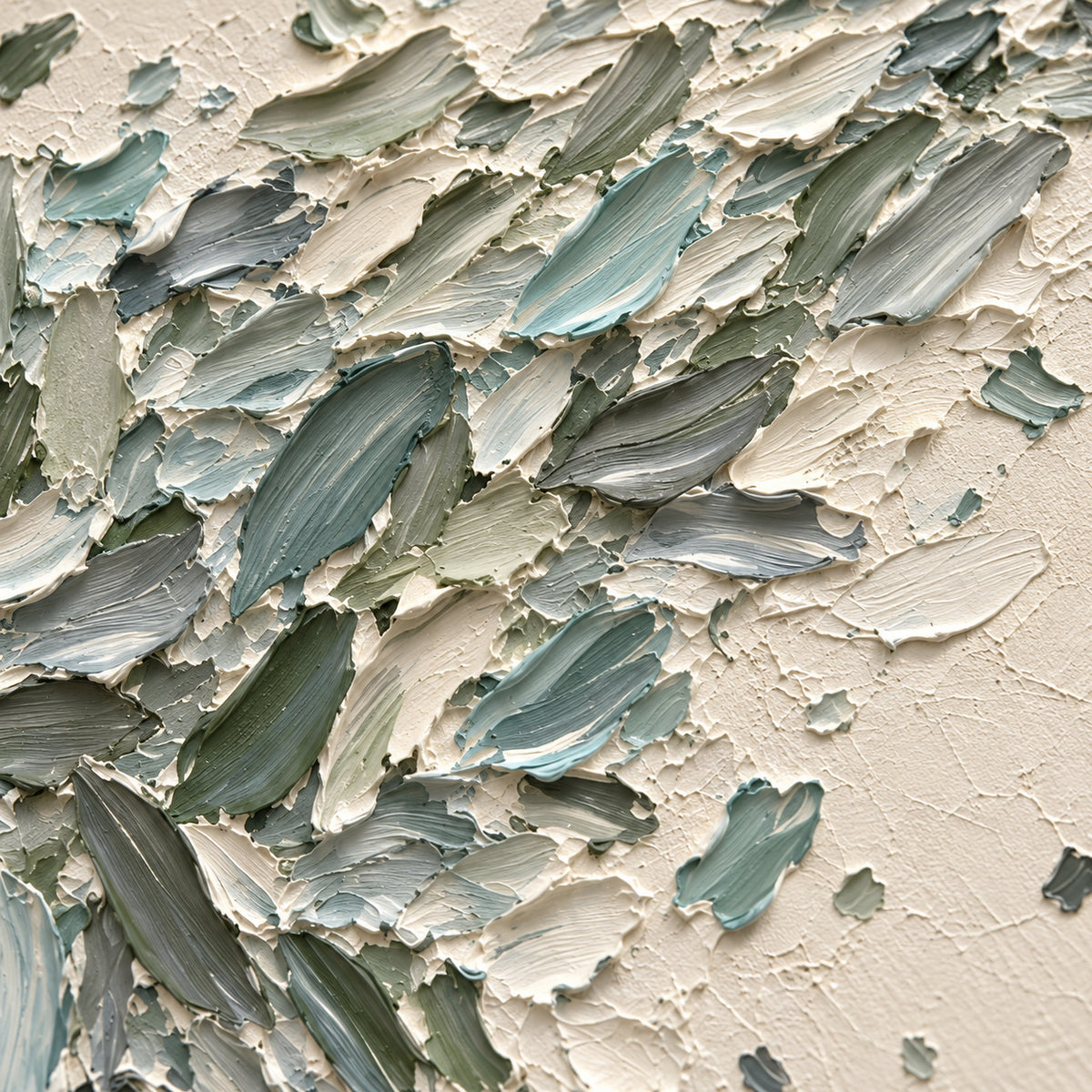 Quiet-Fronds oil painting brushwork and impasto detail photographed from an oblique side angle