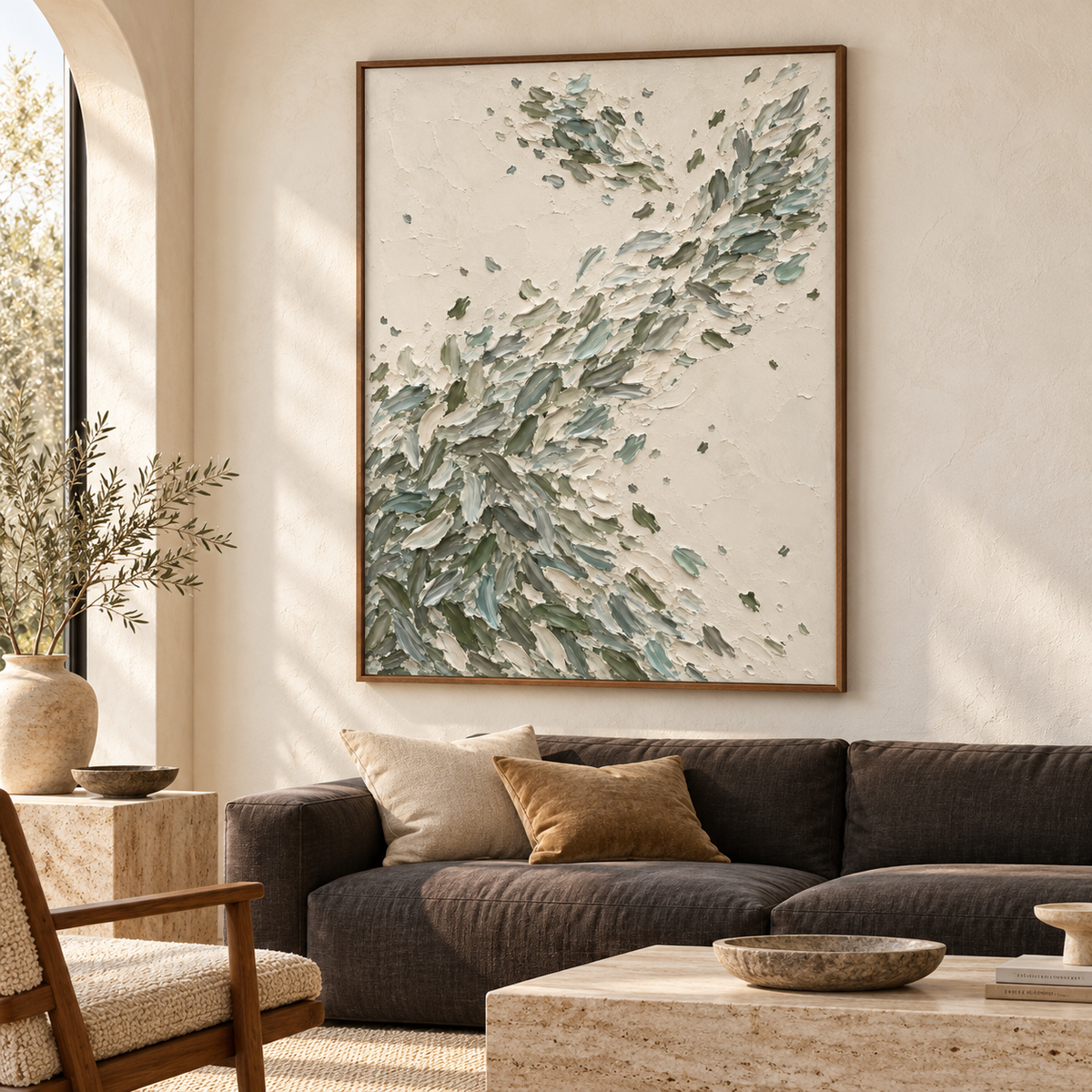 Quiet-Fronds above a low charcoal sofa in a bright living room.