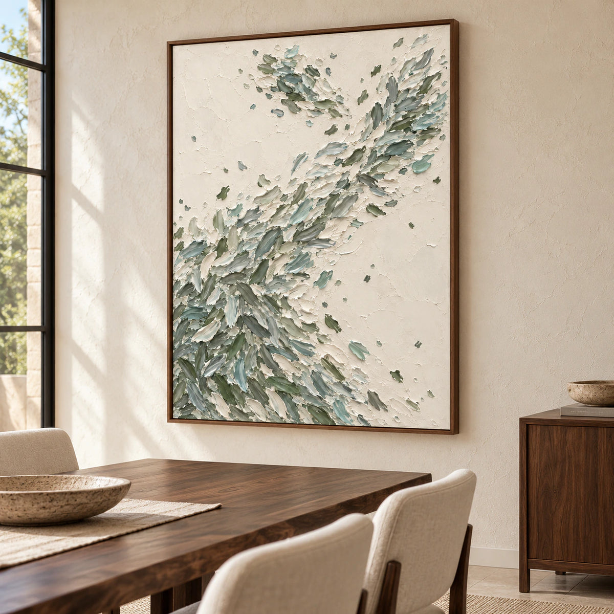 Quiet-Fronds anchors a refined dining room with a dark wood table and pale upholstered chairs.