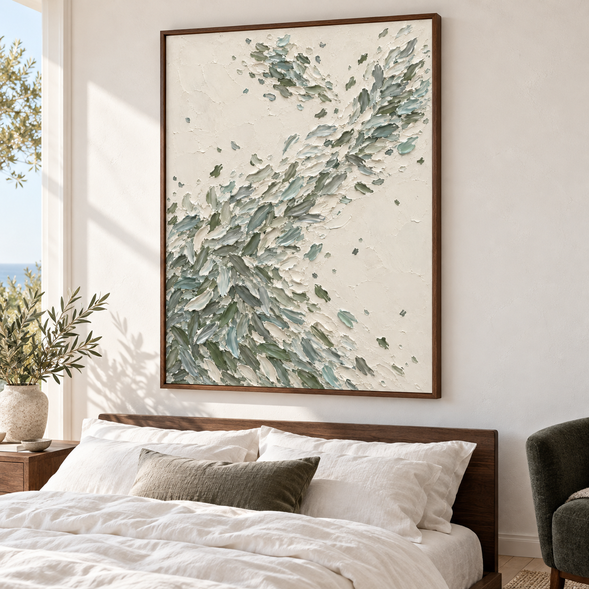 Quiet-Fronds hangs above a simple bed in a quiet, daylight-filled bedroom.