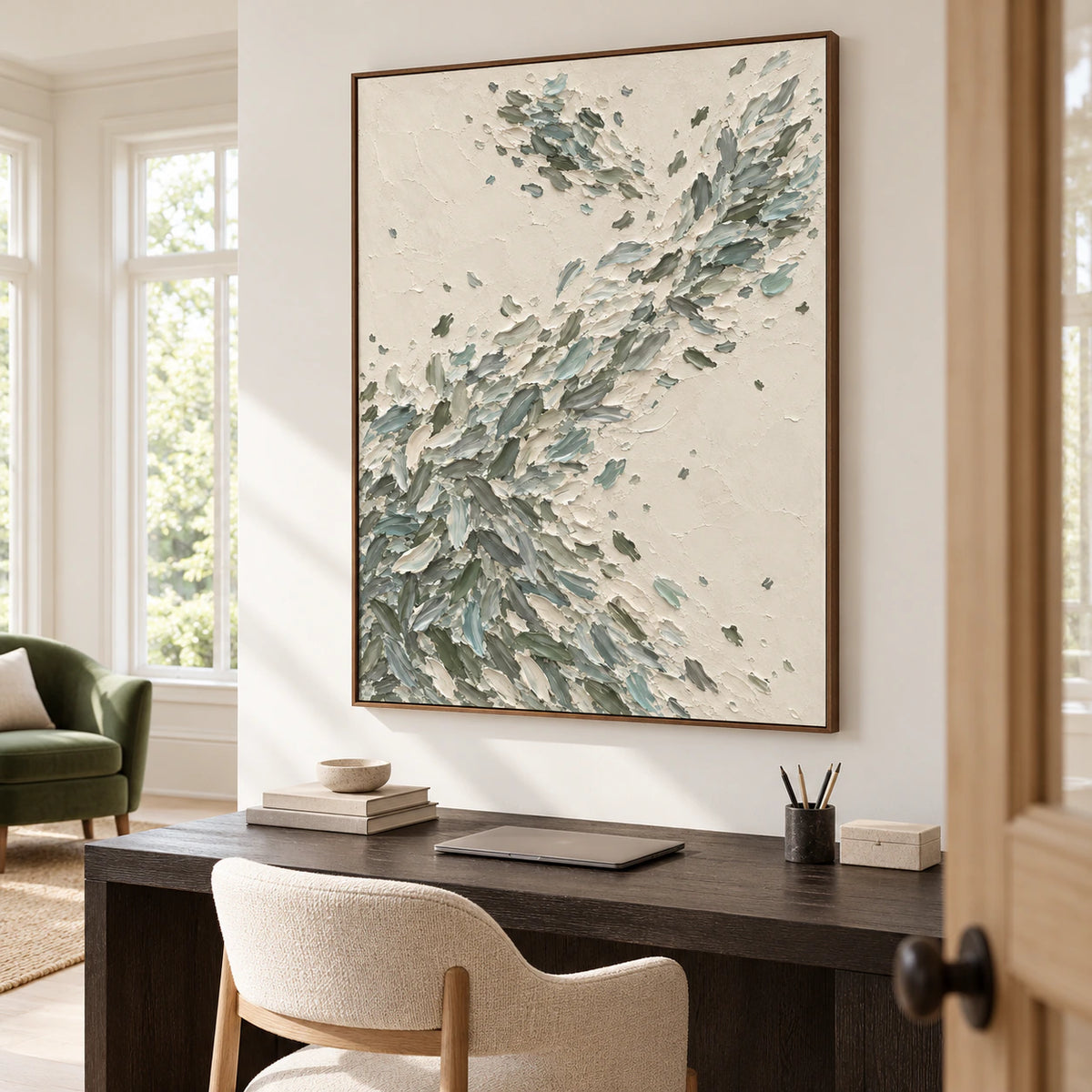Quiet-Fronds displayed in an airy home office with a walnut desk and restrained furnishings.