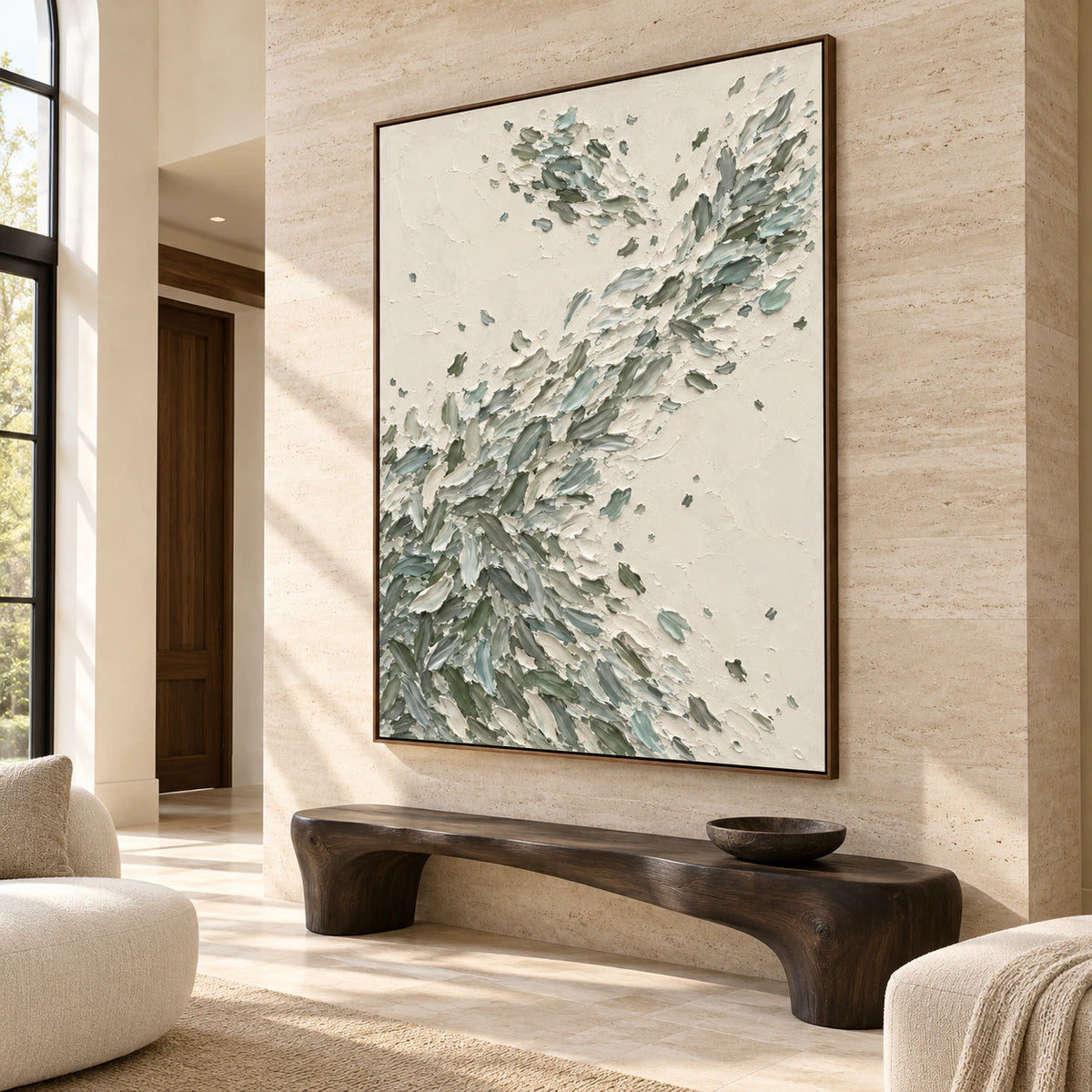 Quiet-Fronds commands the wall of a bright gallery-scale foyer.
