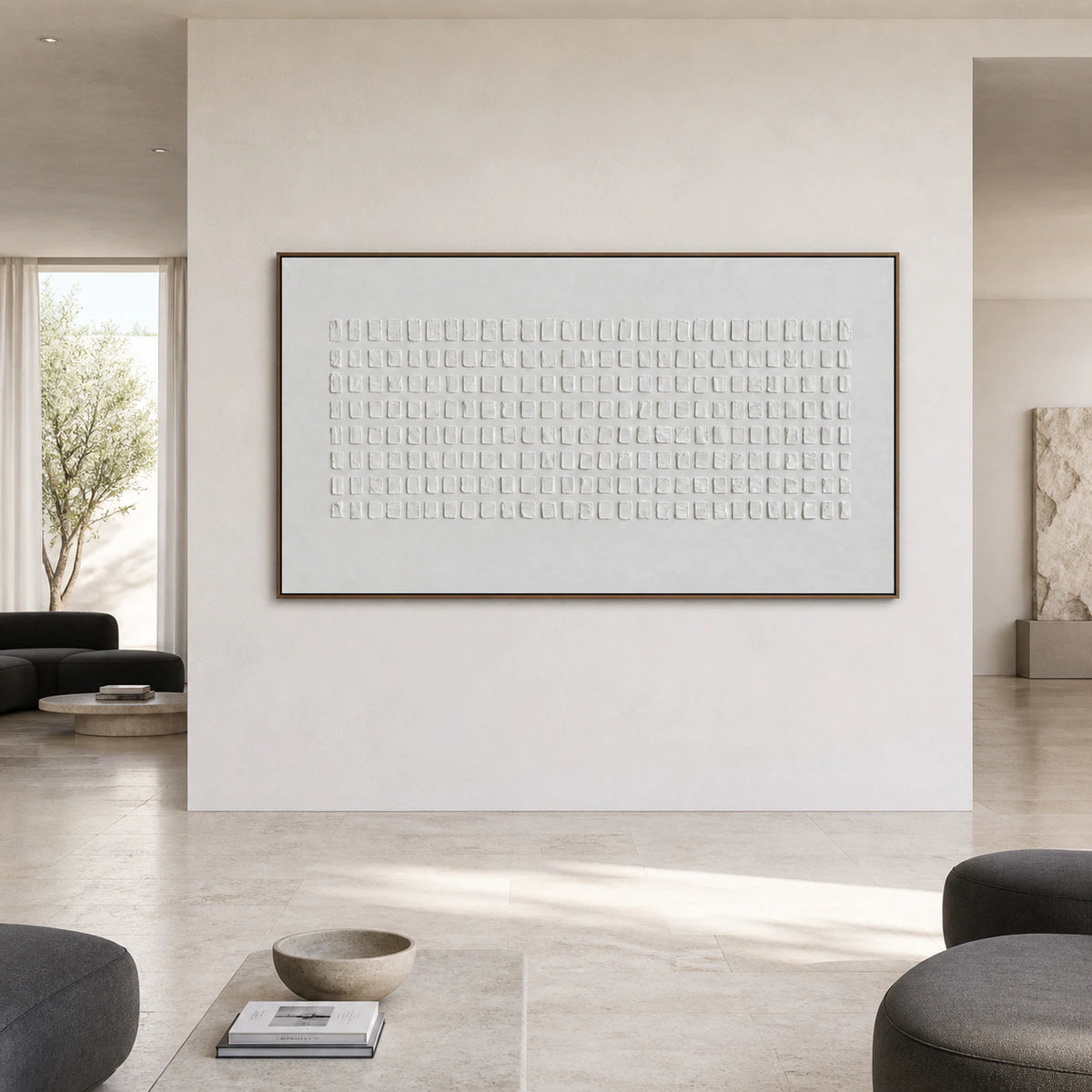 Large straight-on gallery interior with the white geometric relief artwork as the focal point.