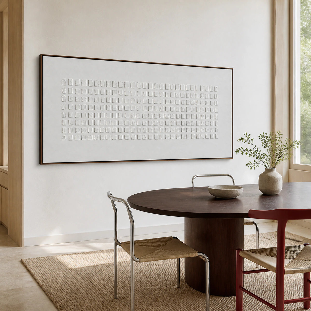 Refined dining room with the white geometric relief artwork as a large focal point.