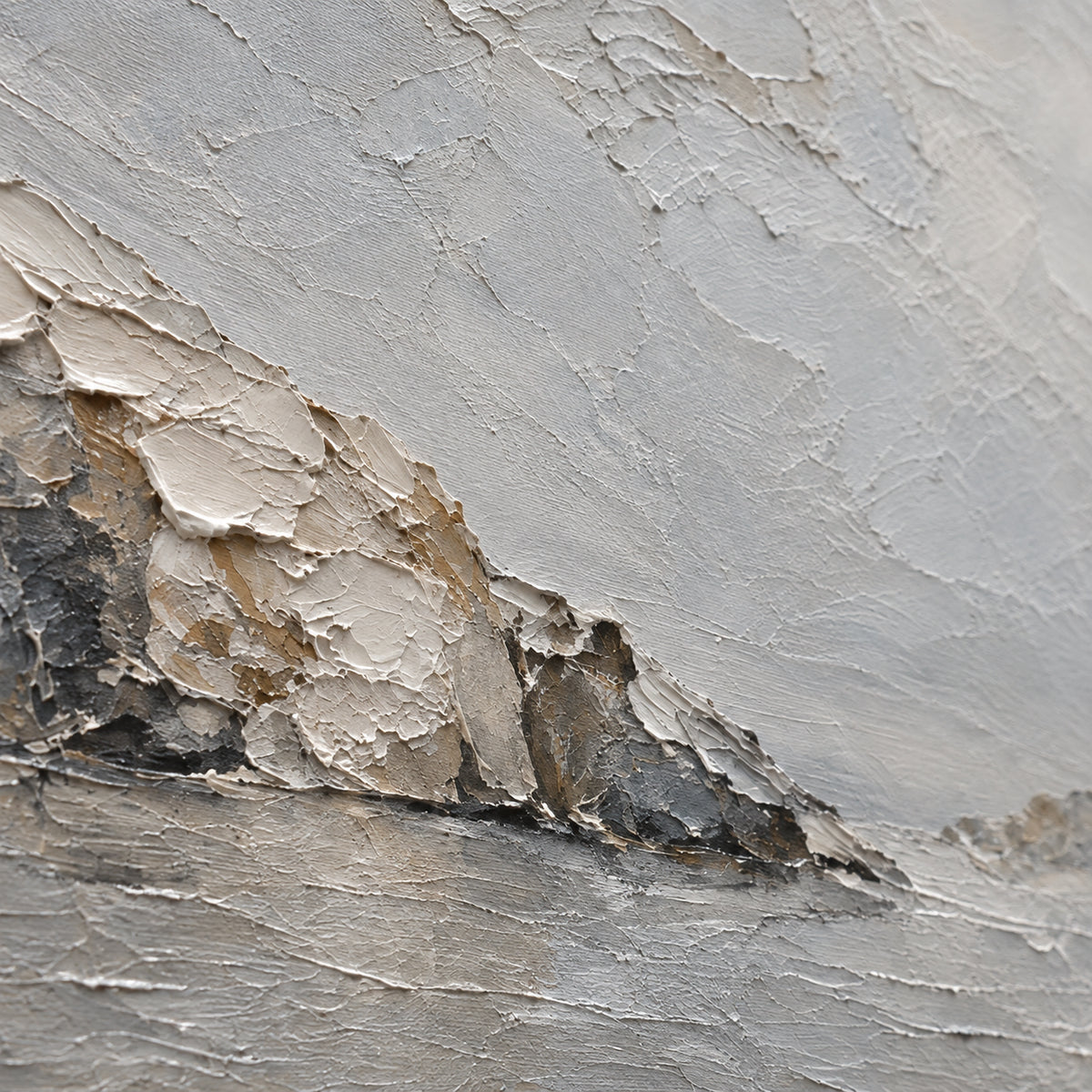 Quiet-Headland oil painting brushwork and impasto detail photographed from an oblique side angle
