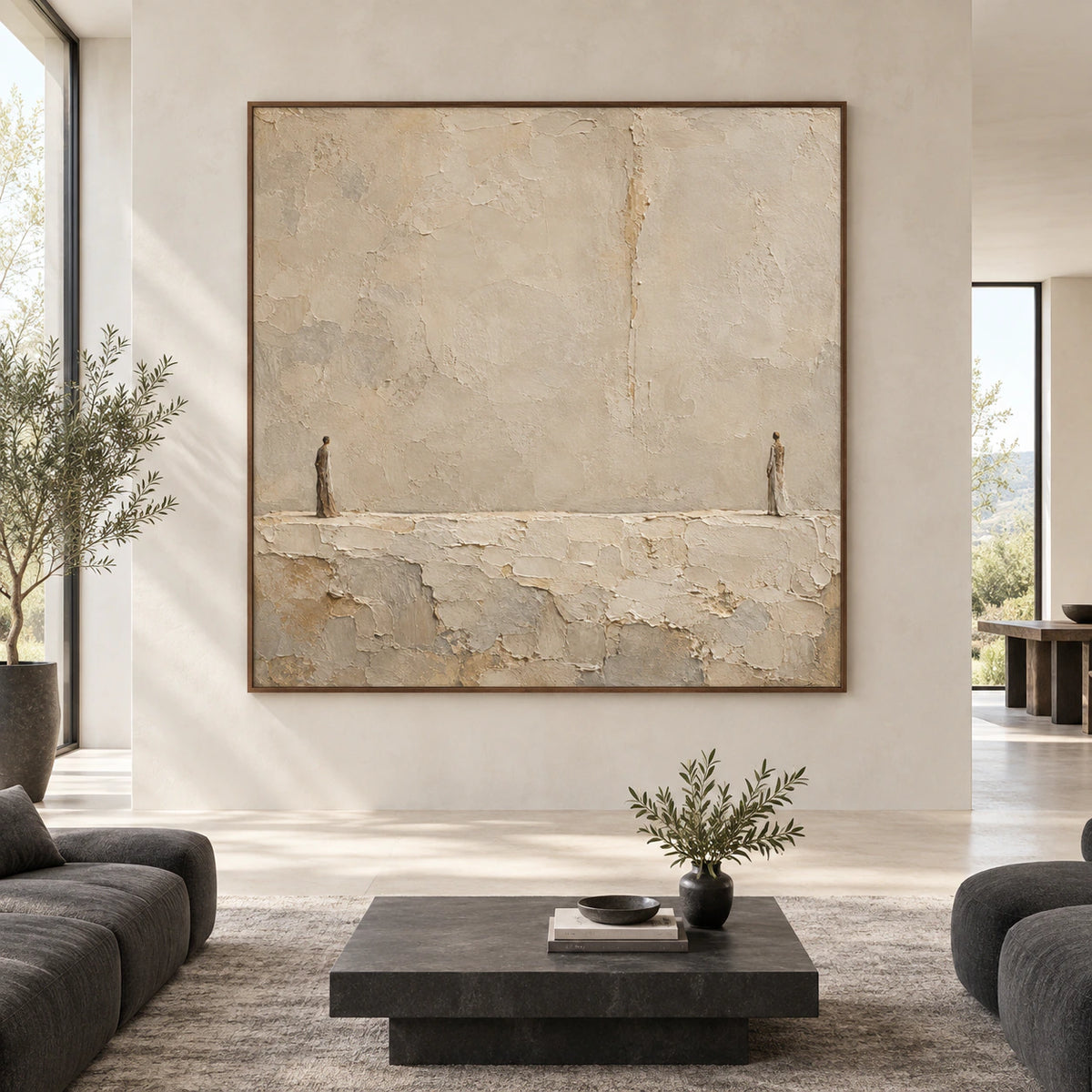 Large square ivory and sand textured painting with two slender figures in a spacious contemporary gallery room.