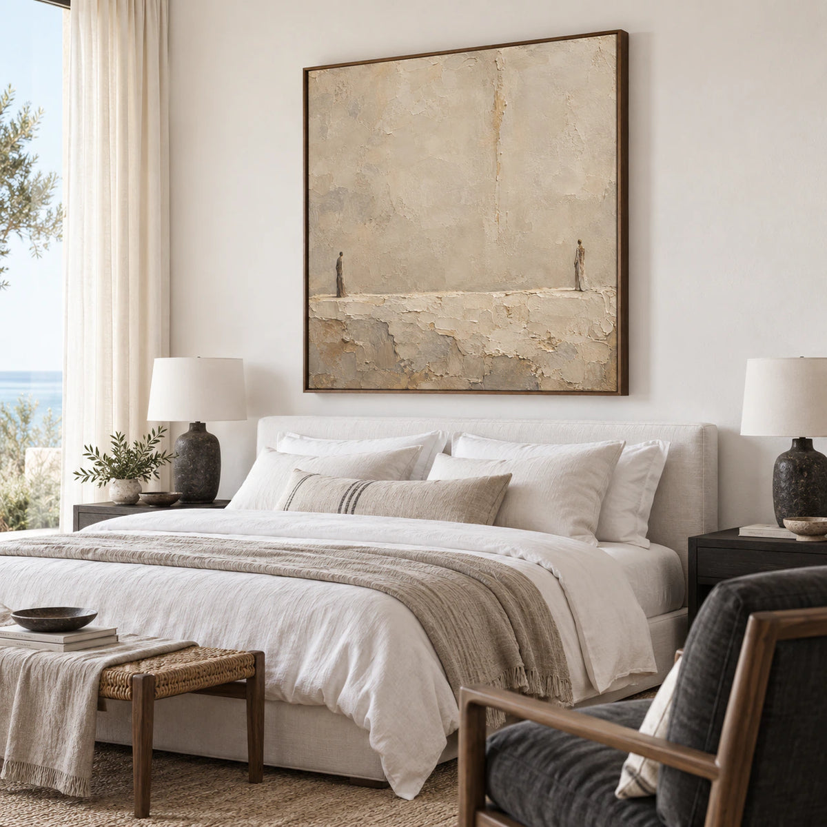 Textured square painting in a calm bedroom with warm natural daylight.
