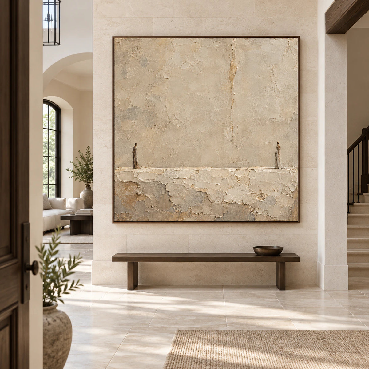 Gallery-scale square painting with two slender figures in a bright architectural foyer.