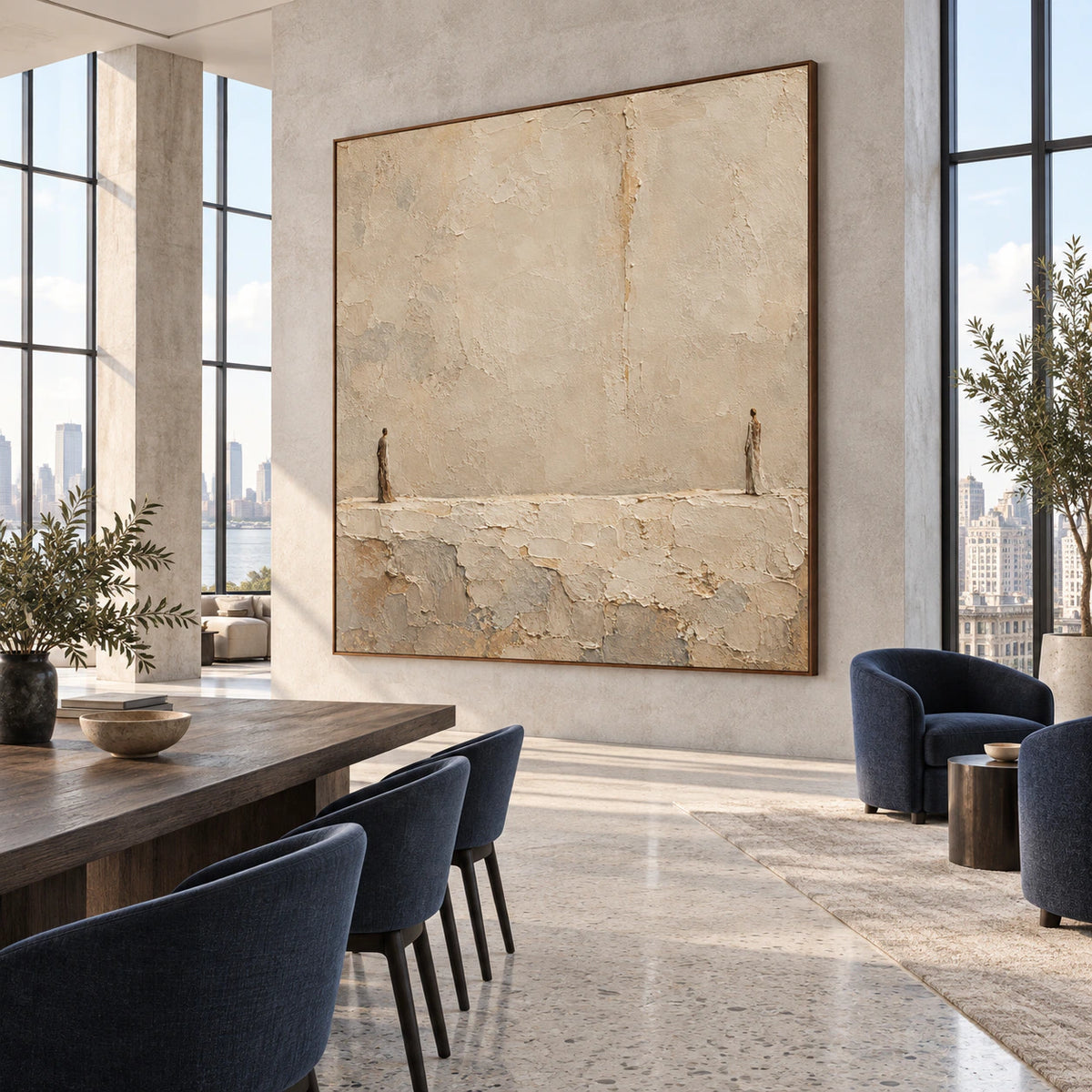Textured ivory abstract painting as the focal point of an expansive loft hospitality interior.