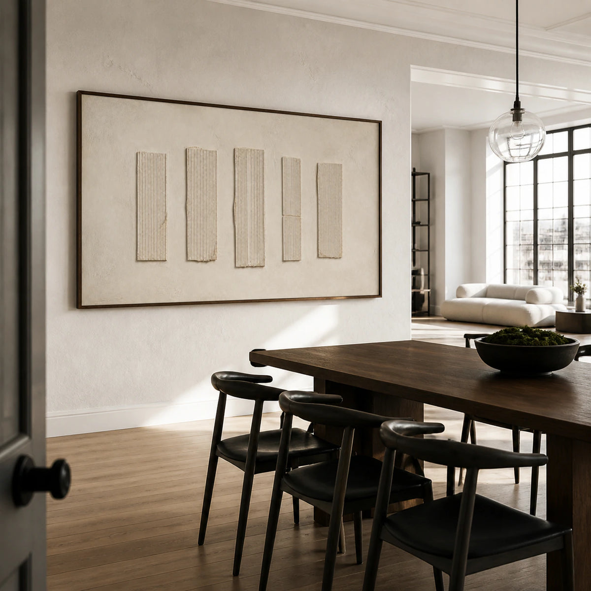 Quiet-Intervals above a refined dining setting with daylight across a pale plaster wall.