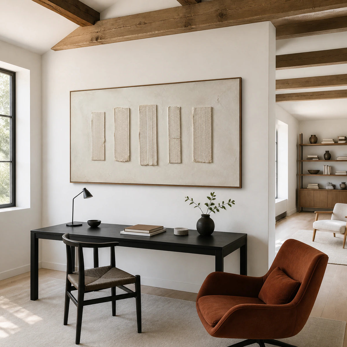 Quiet-Intervals displayed prominently in an airy home office reading space.