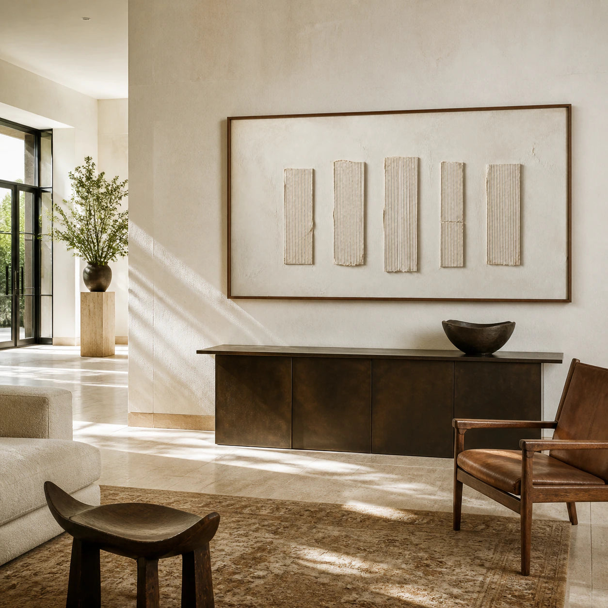 Quiet-Intervals at gallery scale in a luminous stone-and-plaster foyer.