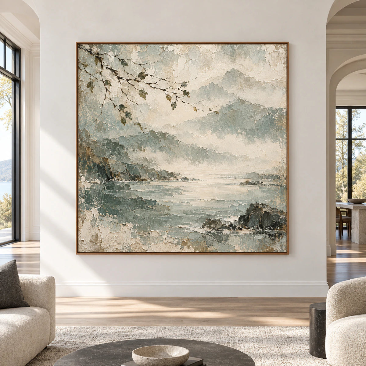 Large square coastal artwork shown straight-on in an open modern room, with pale water, slate cliffs and a leafy branch clearly visible.